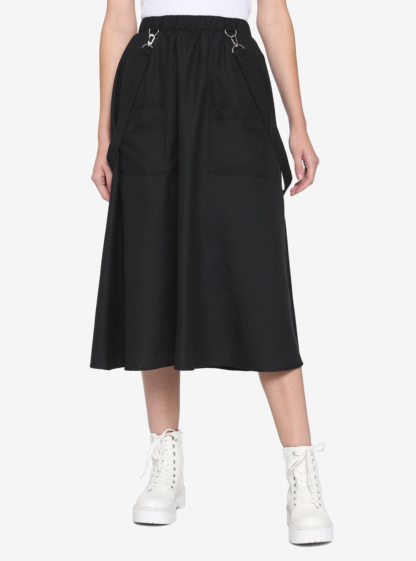 Black Utility Pockets Suspender Midi Skirt, BLACK, hi-res
