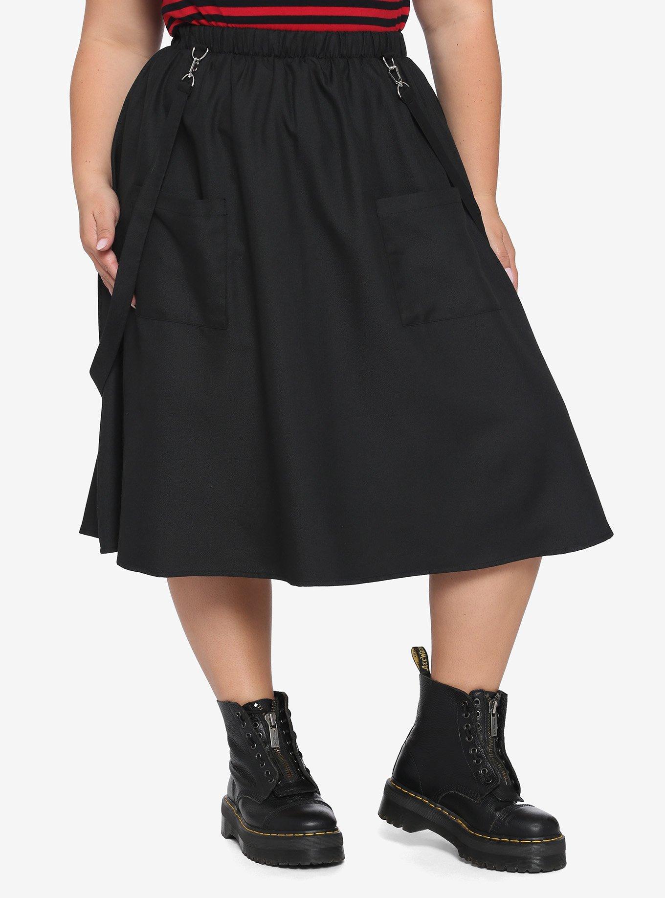Black Utility Pockets Suspender Midi Skirt Plus Size, BLACK, hi-res