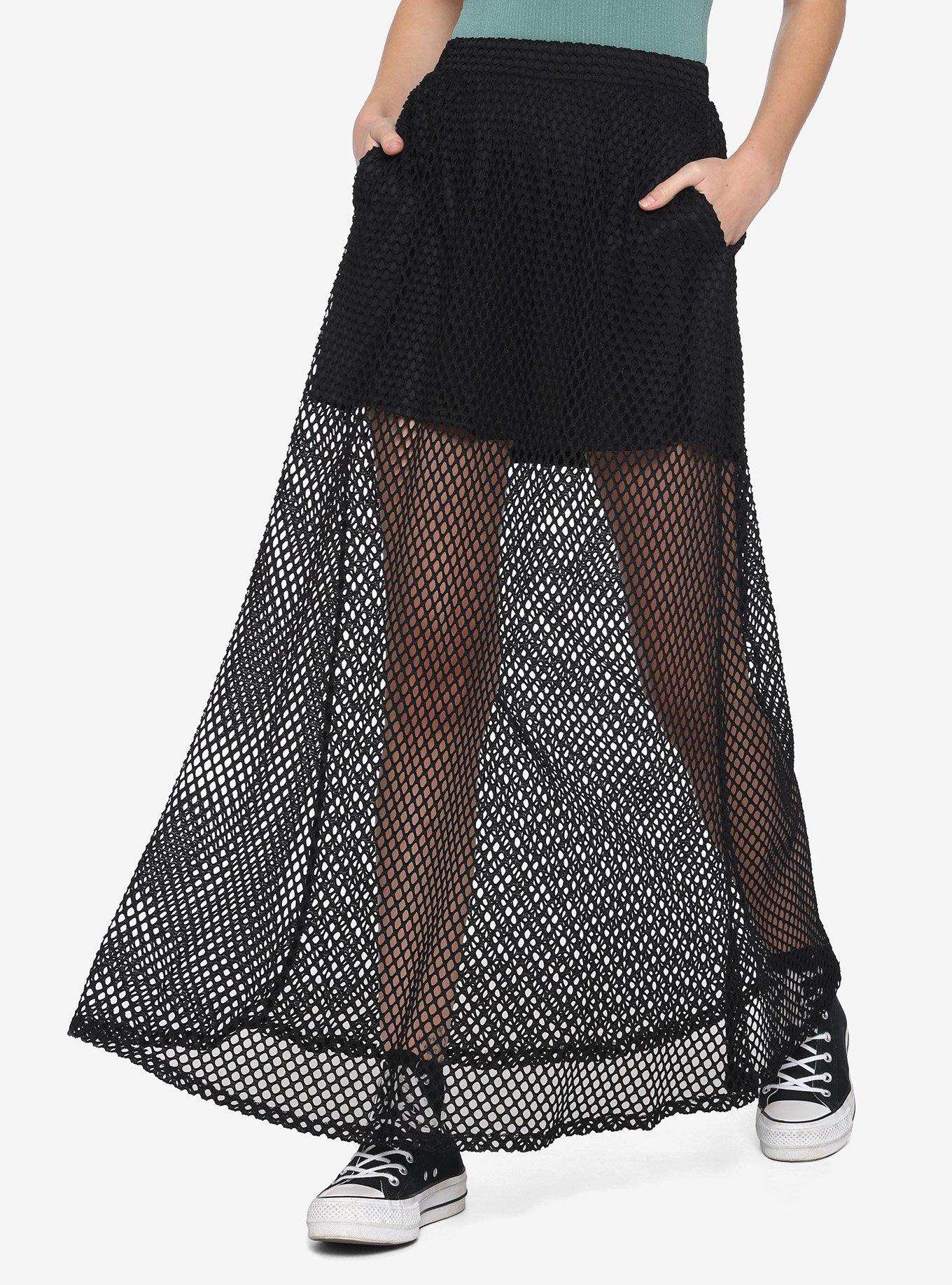 Mesh Maxi Black Overlay Skirt, BLACK, hi-res