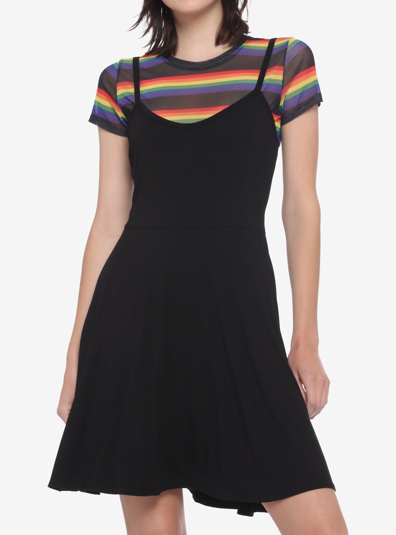 Rainbow Mesh Black Layered Skater Dress, BLACK, hi-res