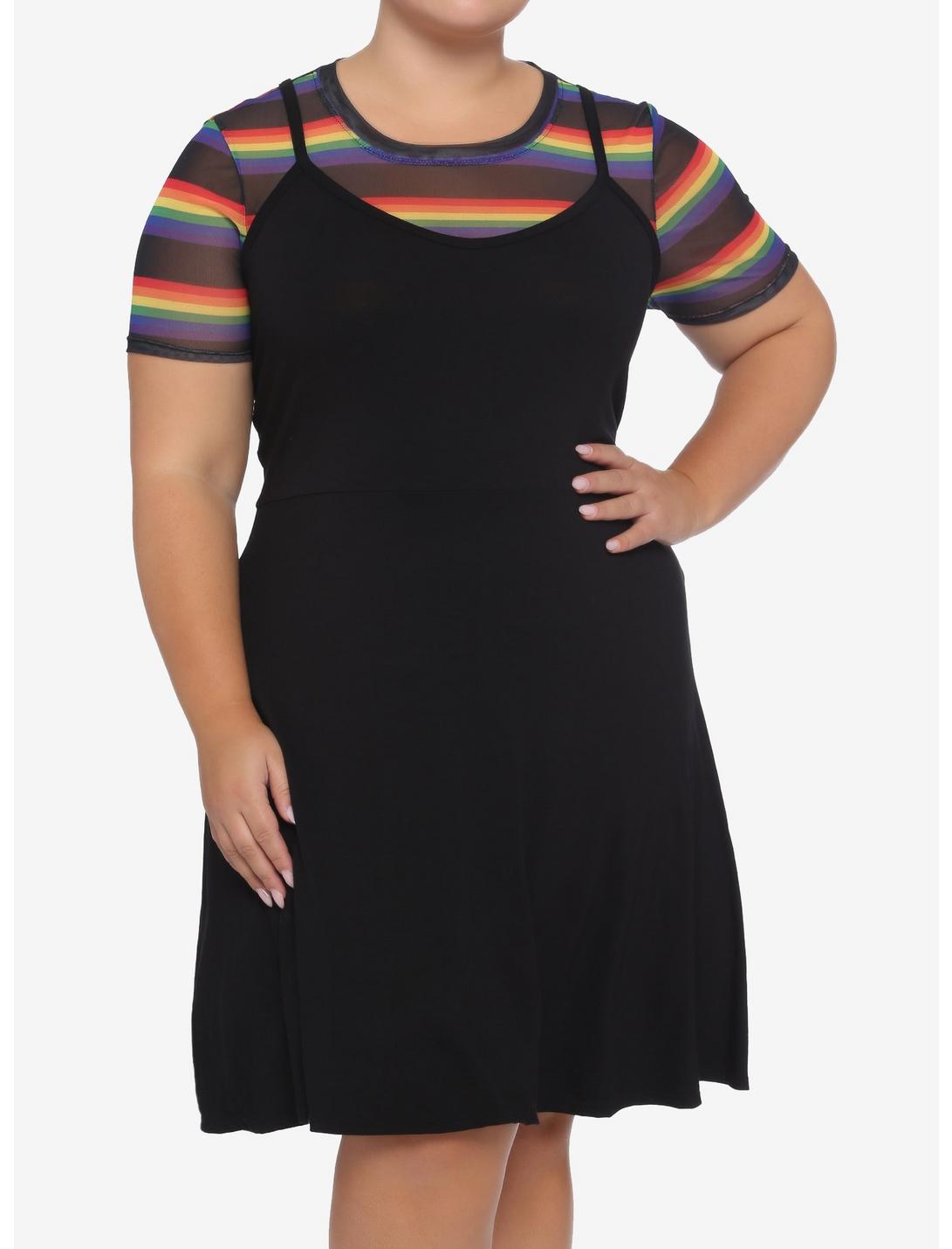 Rainbow Mesh Black Layered Skater Dress Plus Size, BLACK, hi-res