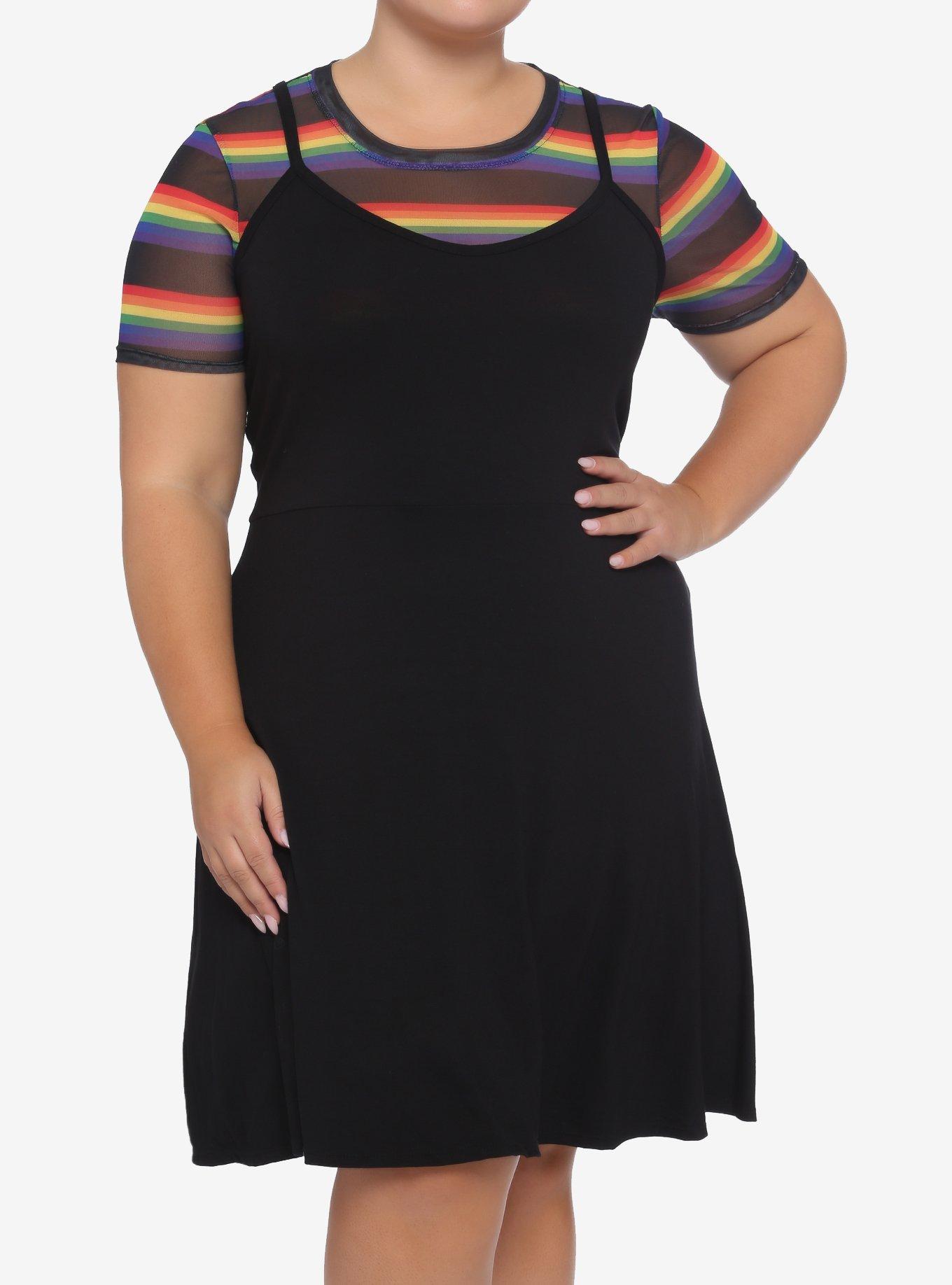 Rainbow Mesh Black Layered Skater Dress Plus Size, BLACK, hi-res