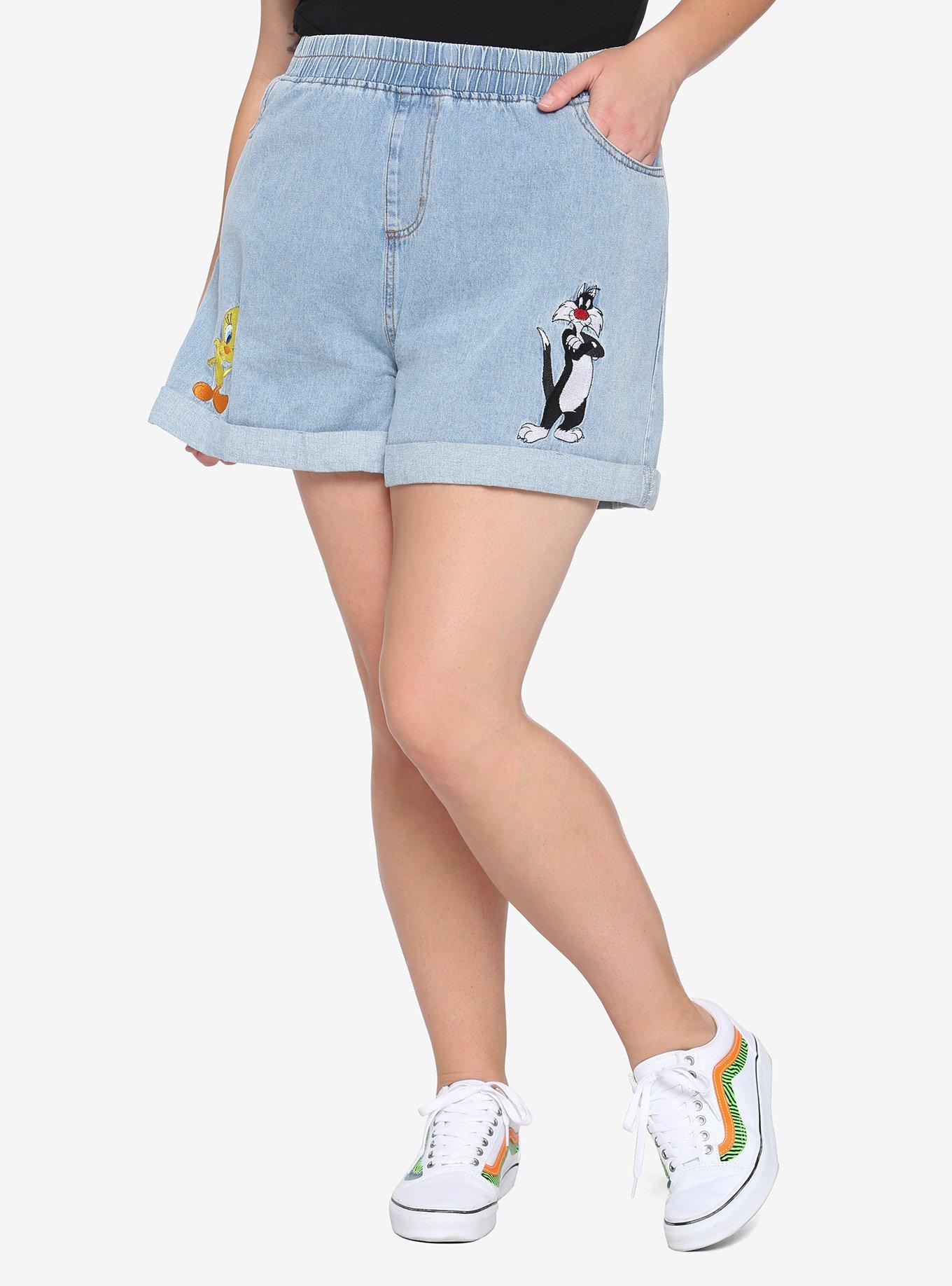 Looney Tunes Tweety & Sylvester High-Waisted Elastic Denim Shorts Plus Size, MULTI, hi-res