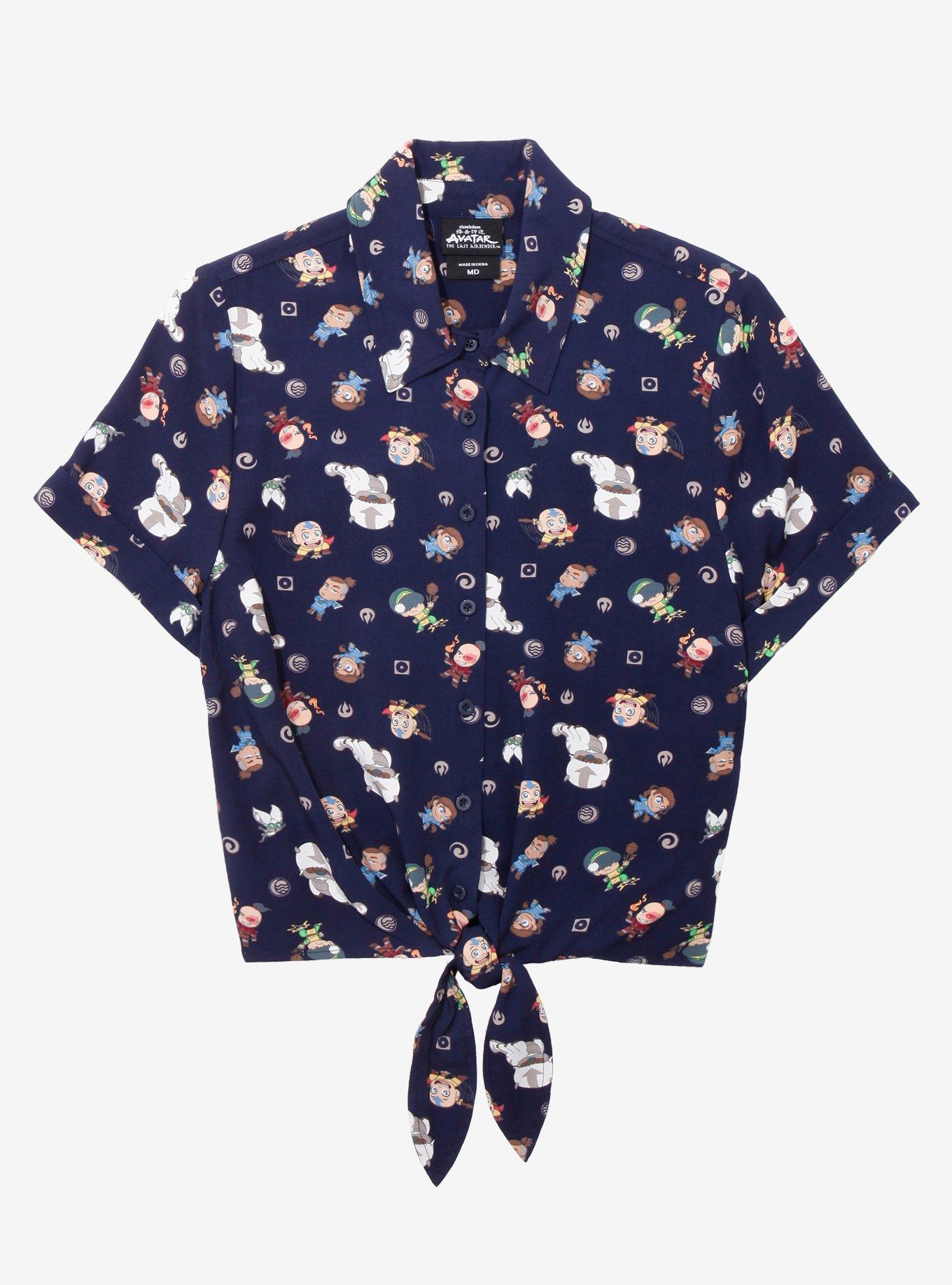 Avatar: The Last Airbender Chibi Characters Women's Tie-Front Woven Top - BoxLunch Exclusive, DARK BLUE, hi-res