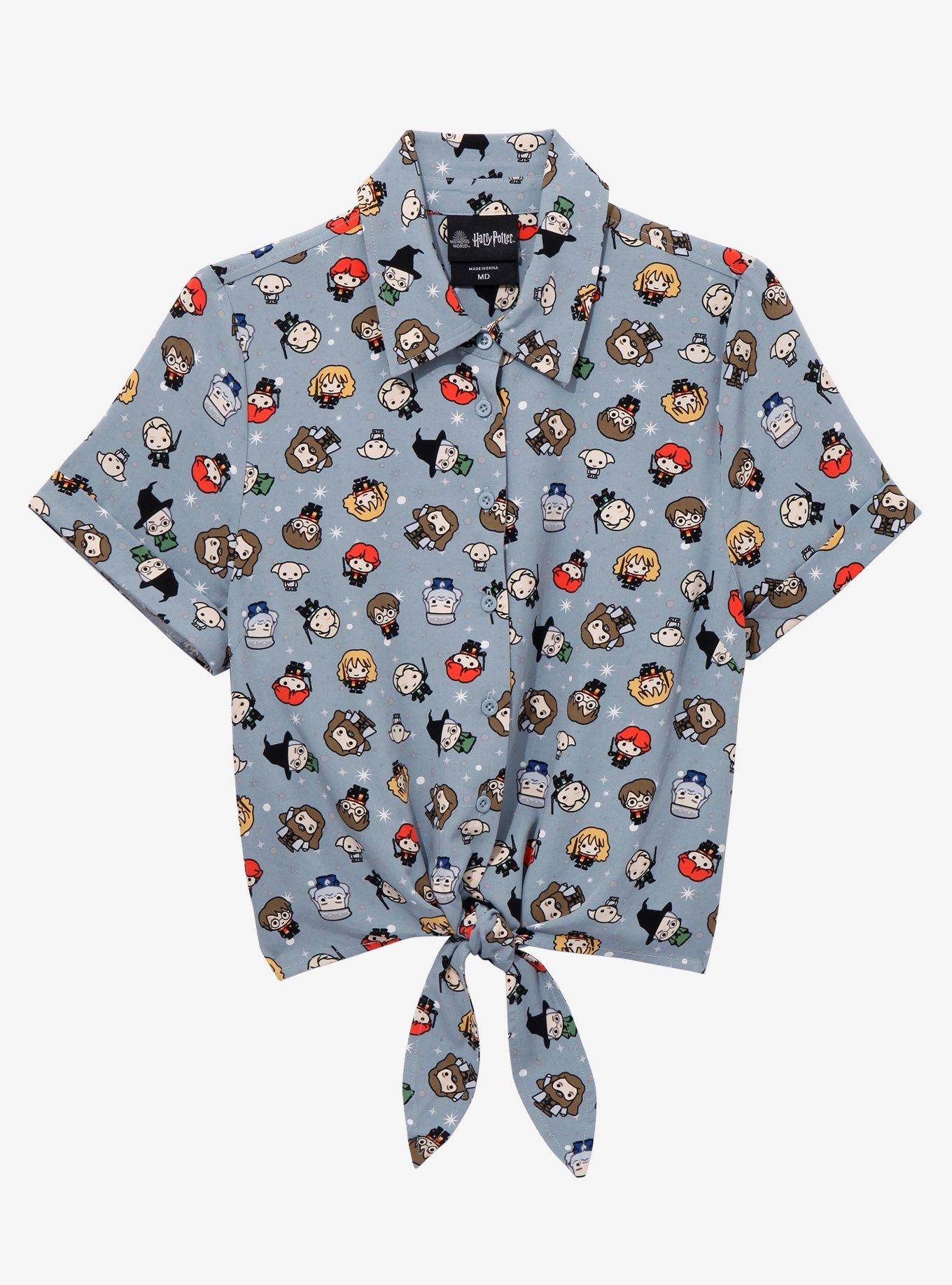 Harry Potter Chibi Characters Women's Tie-Front Woven Top - BoxLunch Exclusive, GREY, hi-res