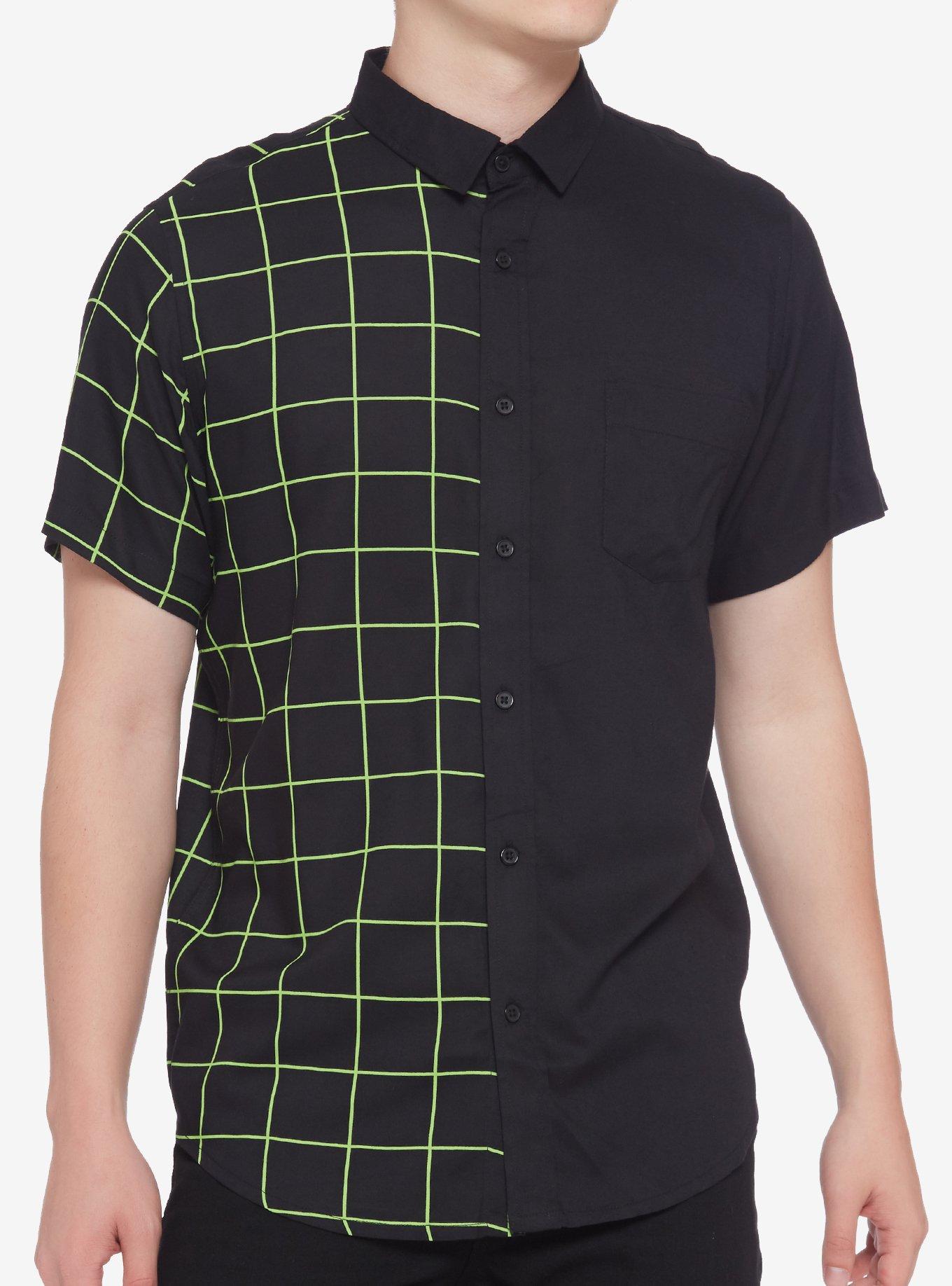 Neon Green & Black Grid Split Woven Button-Up, BLACK, hi-res