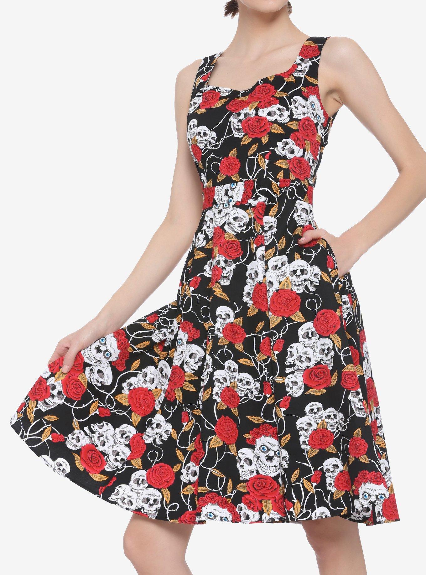 Roses and Skulls Retro Dress, BLACK, hi-res