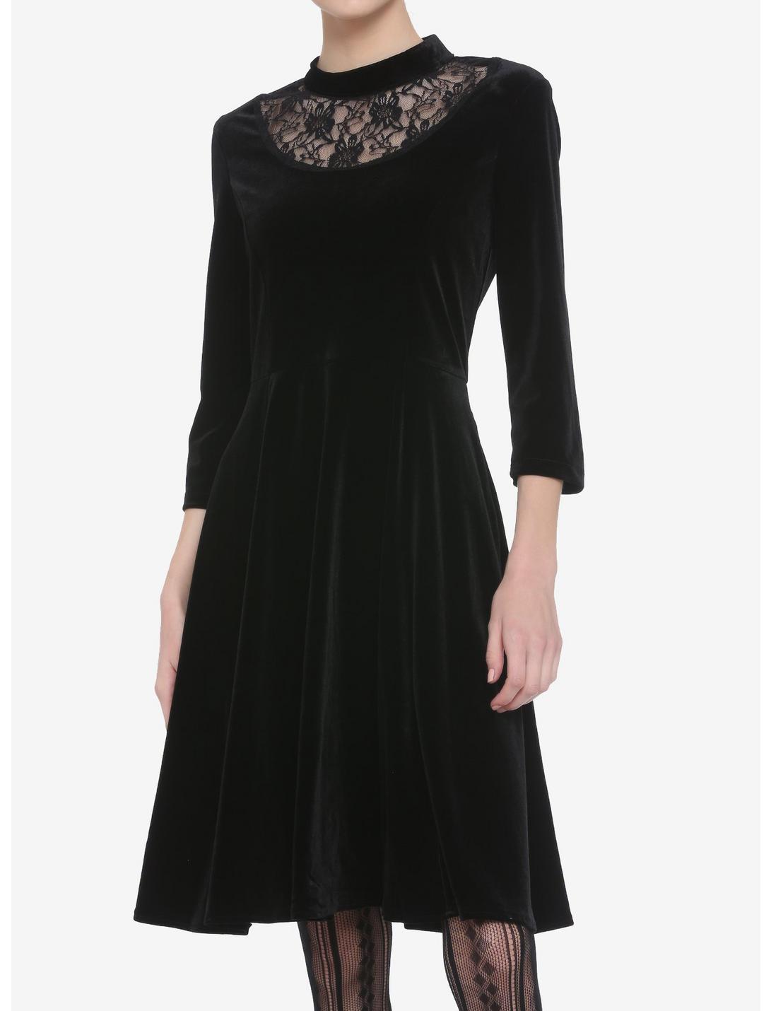 Lace Neck Velvet Long-Sleeve Dress, BLACK, hi-res