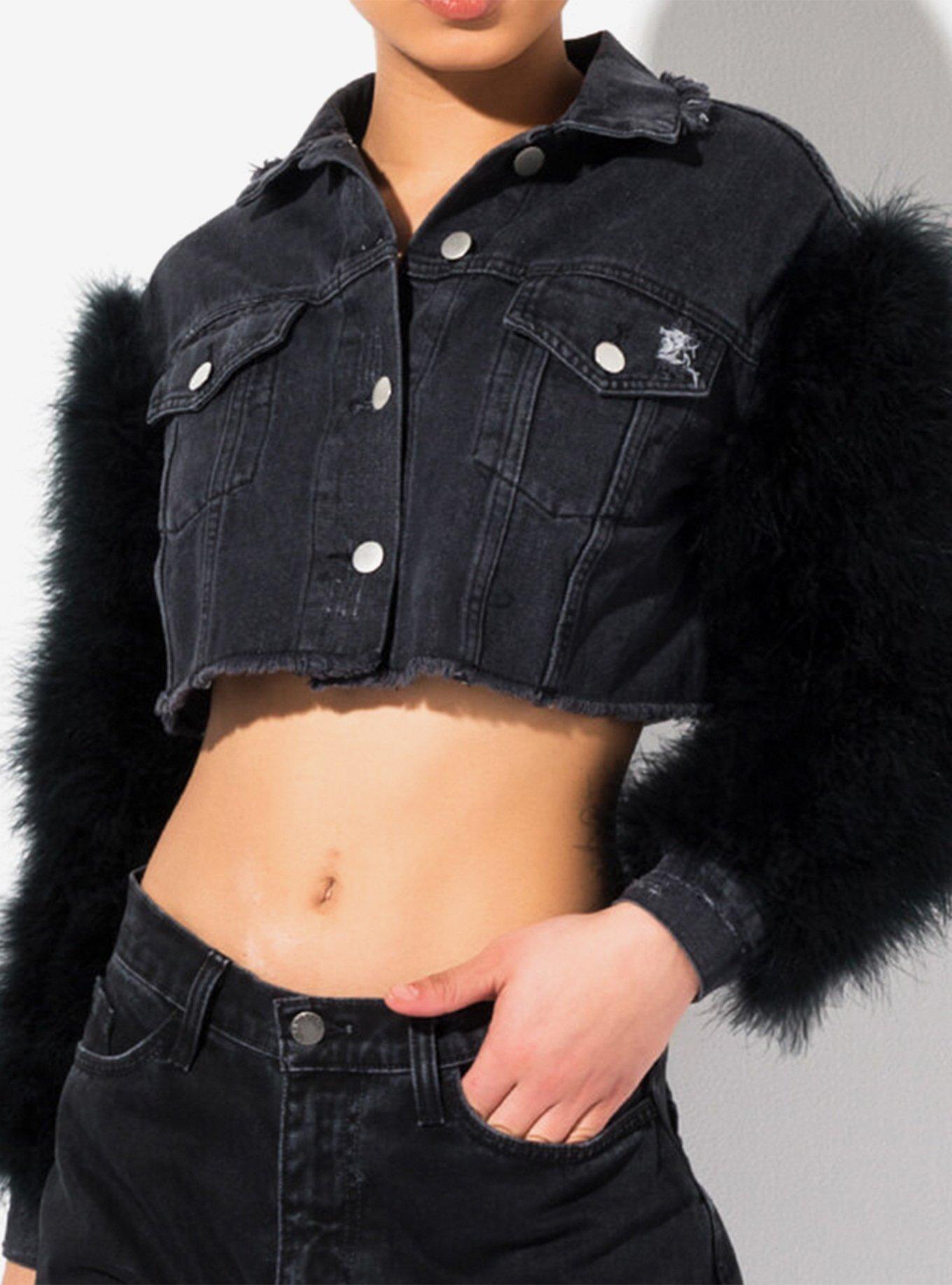 Azalea Wang Angel Baby Ostrich Feather Denim Jacket, BLACK, hi-res