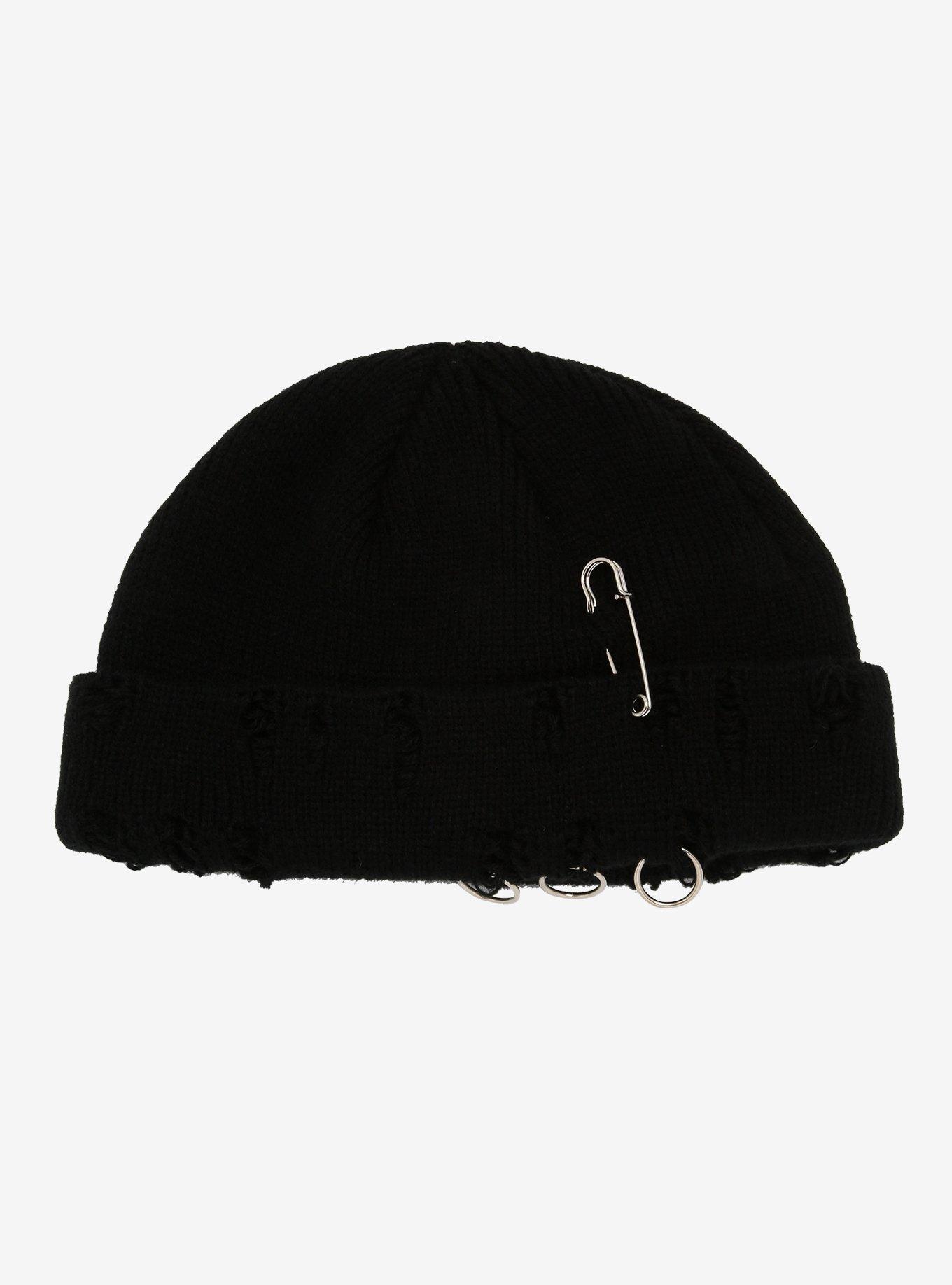Black Hoop Destructed Short Cap Beanie, , hi-res