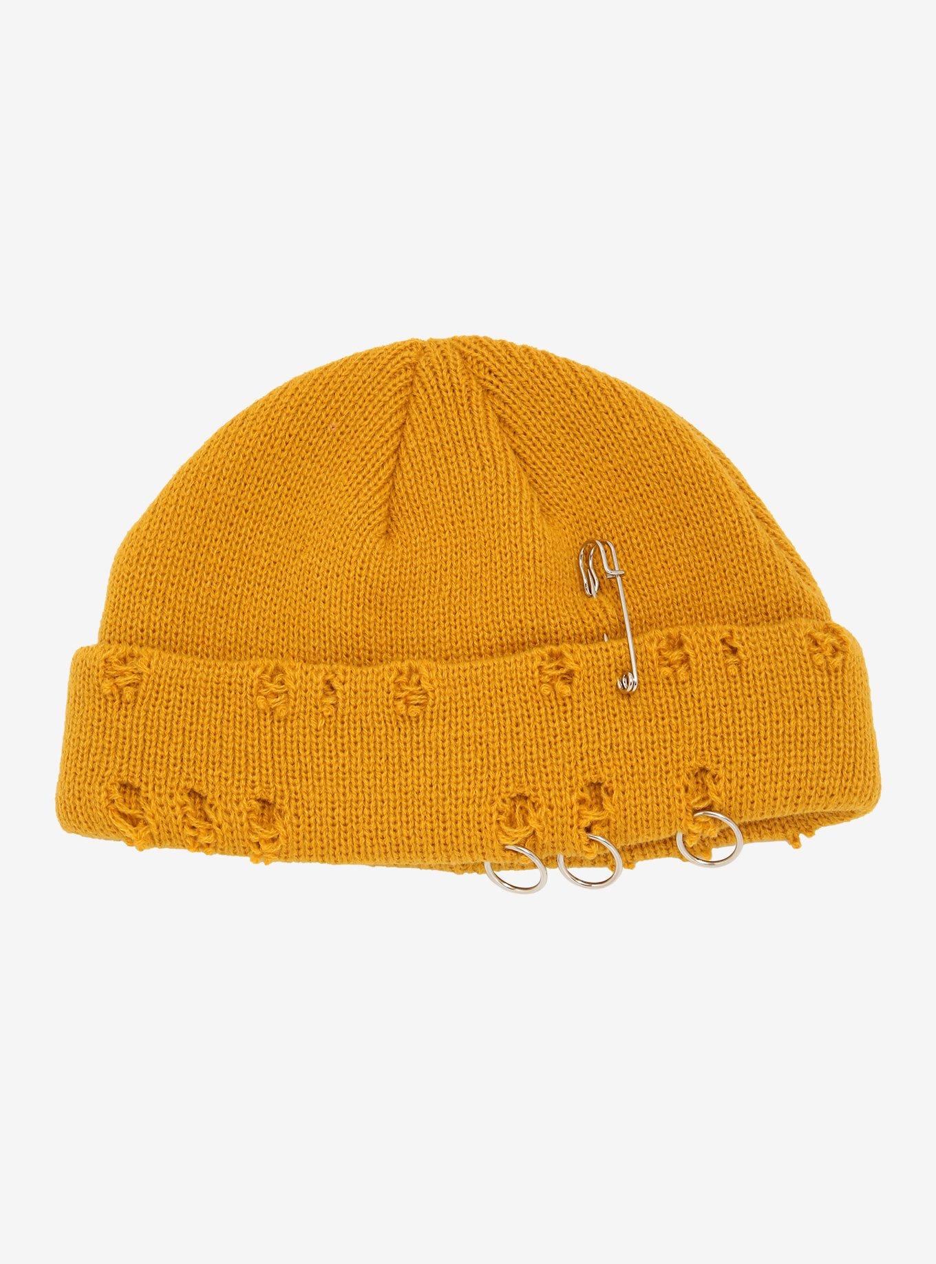 Mustard Yellow Hoop Destructed Short Cap Beanie, , hi-res