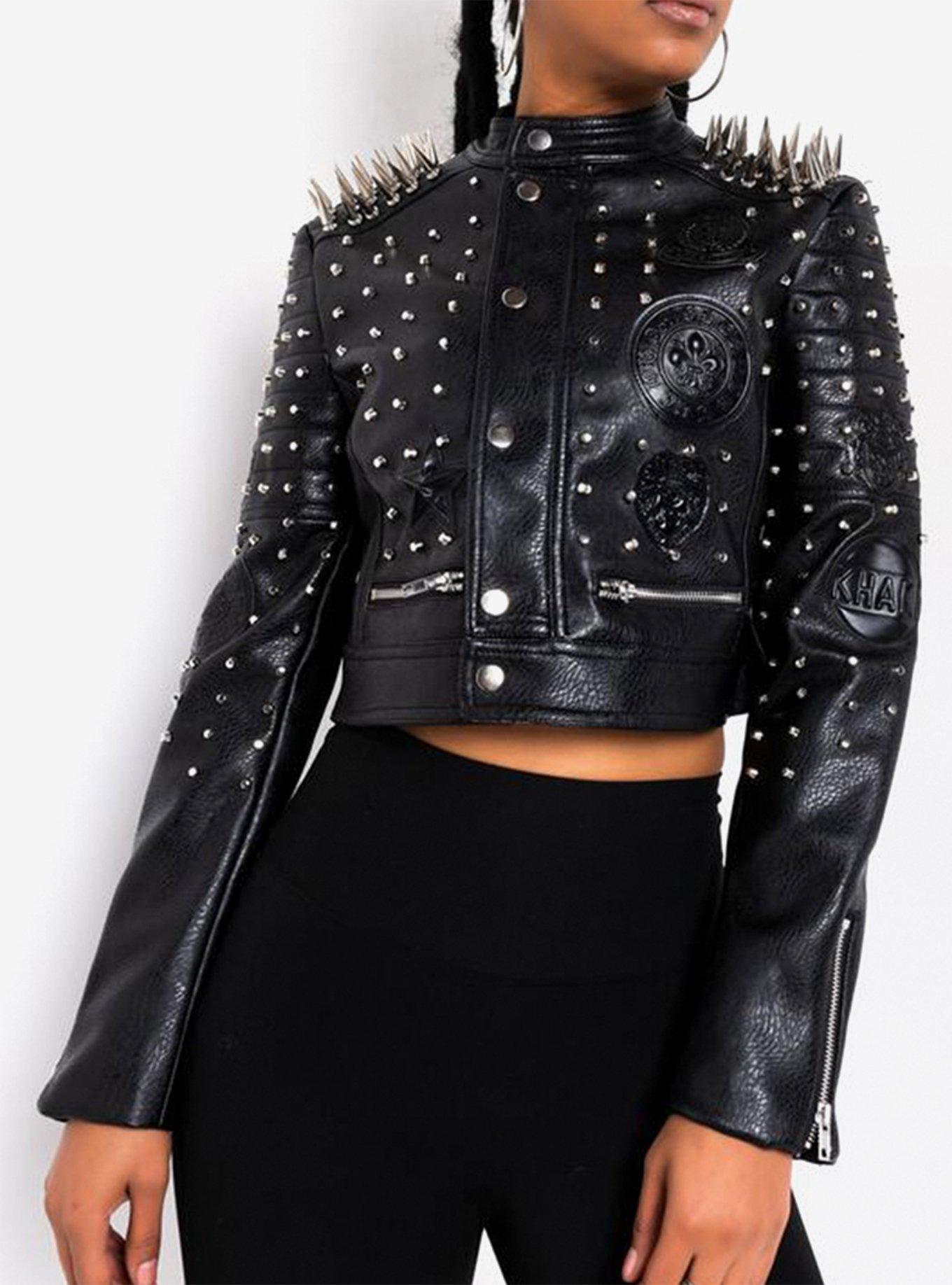 Azalea Wang Break Your Heart Run It Stud Moto Jacket, BLACK, hi-res