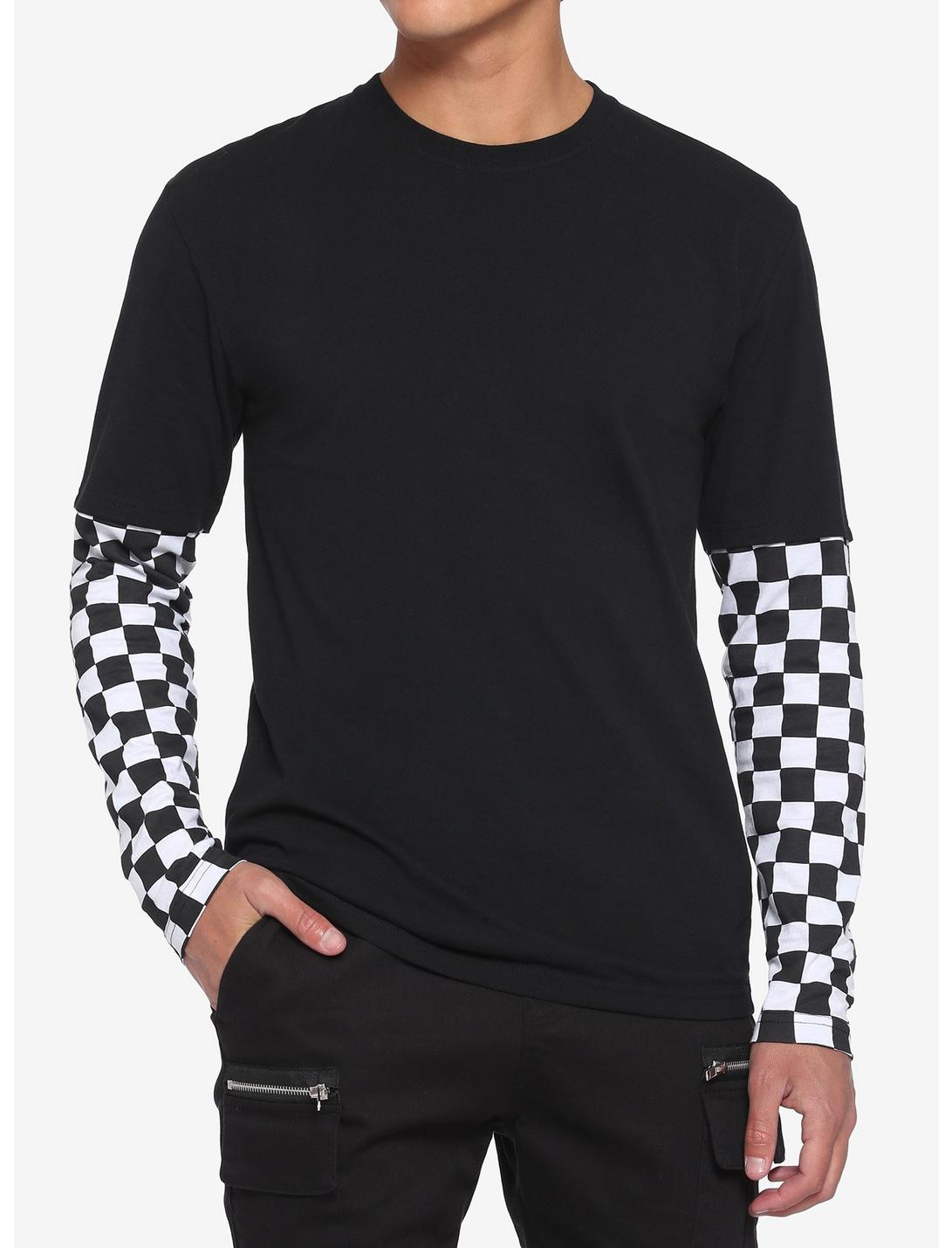 Black & White Checkered Sleeve Twofer Long-Sleeve T-Shirt, BLACK, hi-res