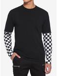 Black & White Checkered Sleeve Twofer Long-Sleeve T-Shirt, BLACK, hi-res