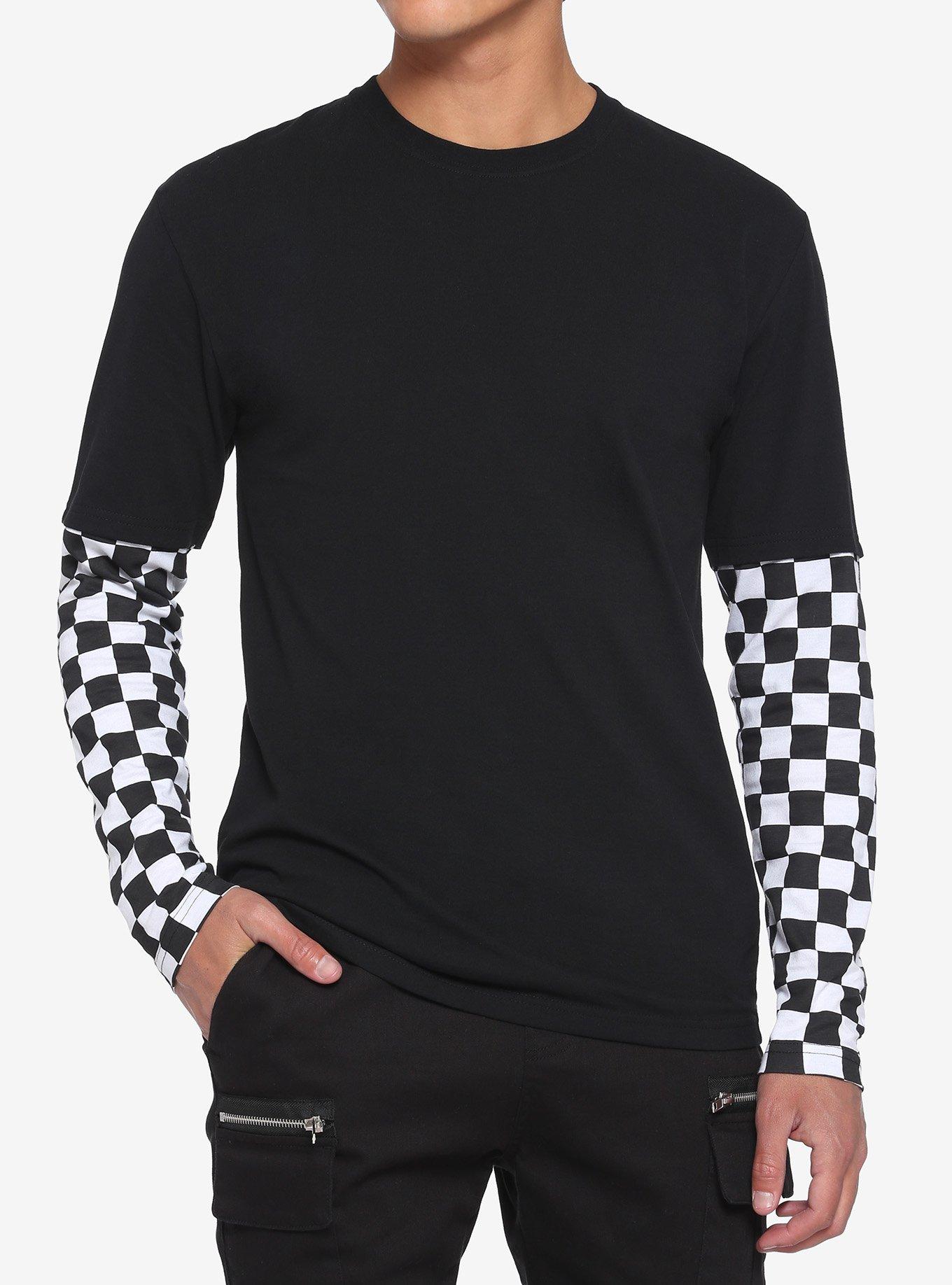 Black & White Checkered Sleeve Twofer Long-Sleeve T-Shirt, , hi-res