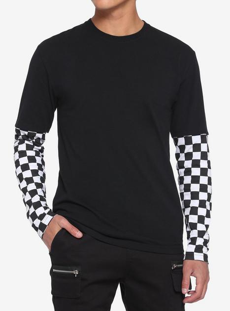 Black & White Checkered Sleeve Twofer Long-Sleeve T-Shirt | Hot Topic