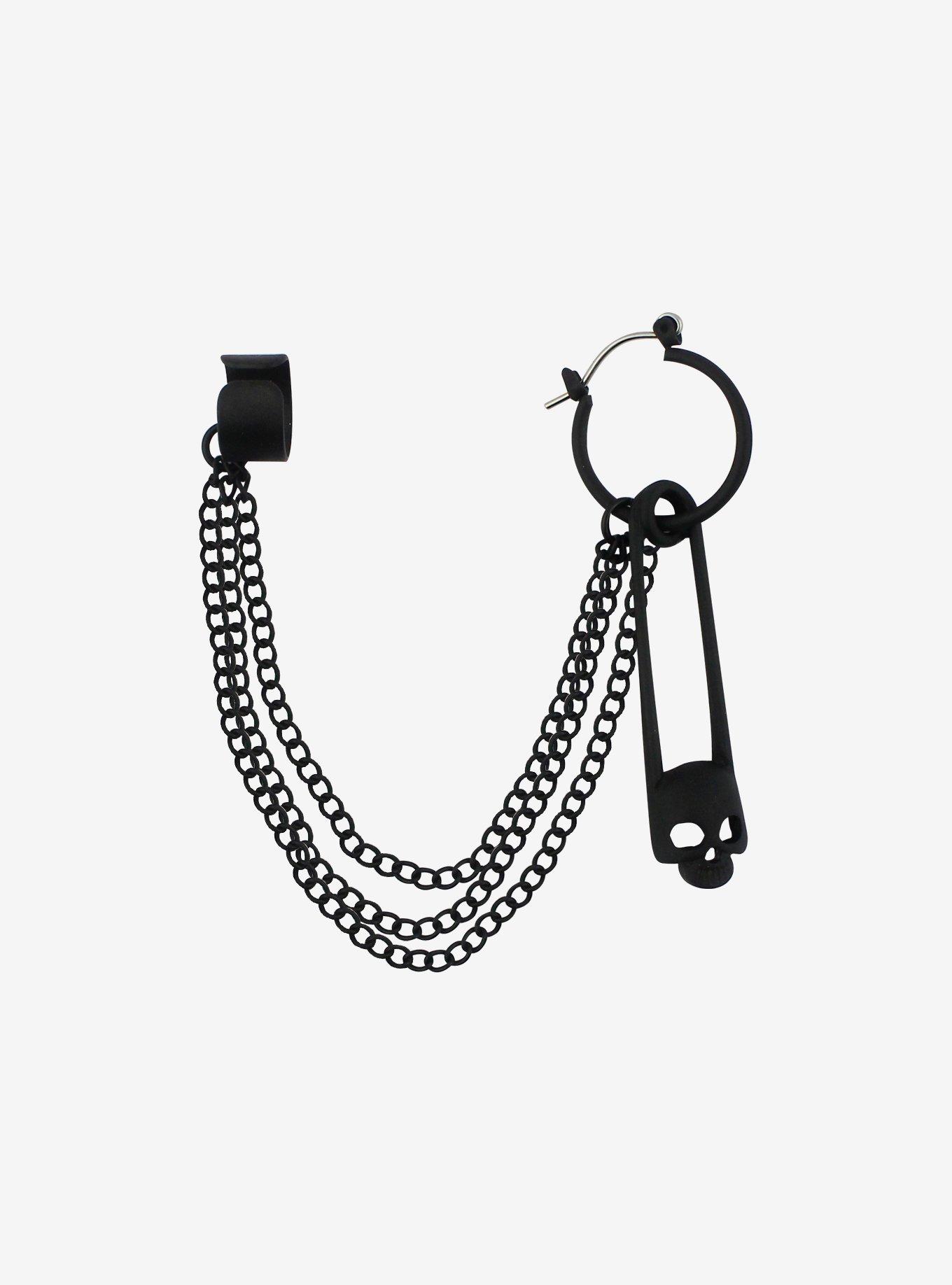 Black Skull Safety Pin Cuff Earring, , hi-res