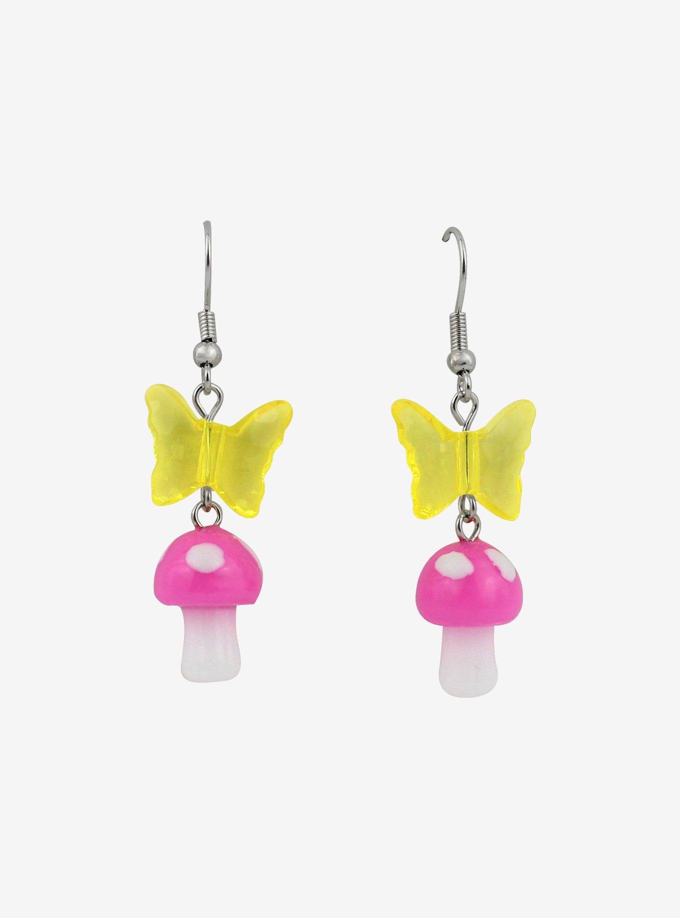 Bright Mushroom & Butterfly Drop Earrings, , hi-res