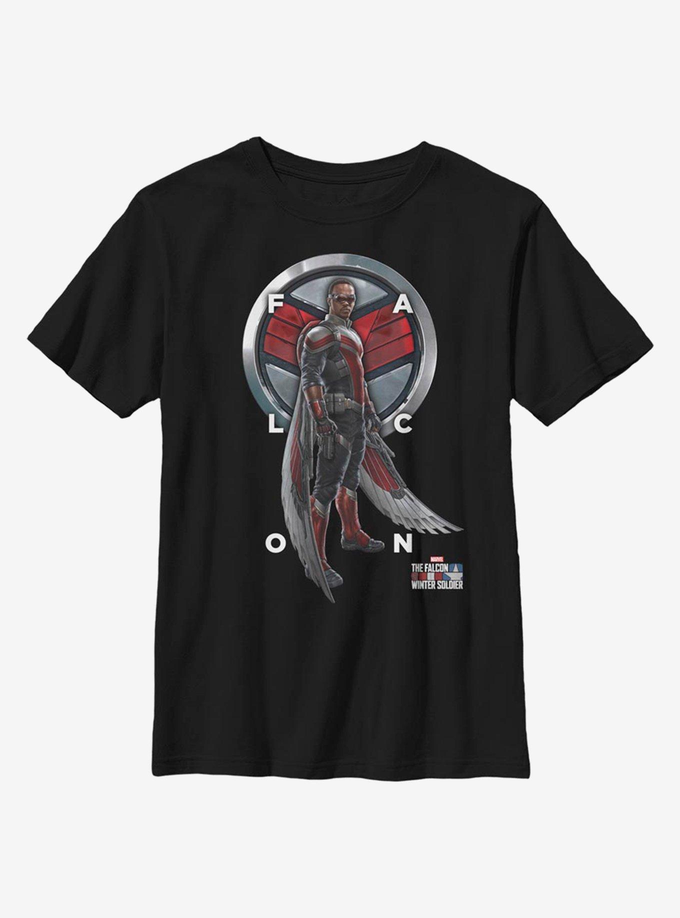 Marvel The Falcon And The Winter Soldier Falcon Grid Text Youth T-Shirt, BLACK, hi-res view 1