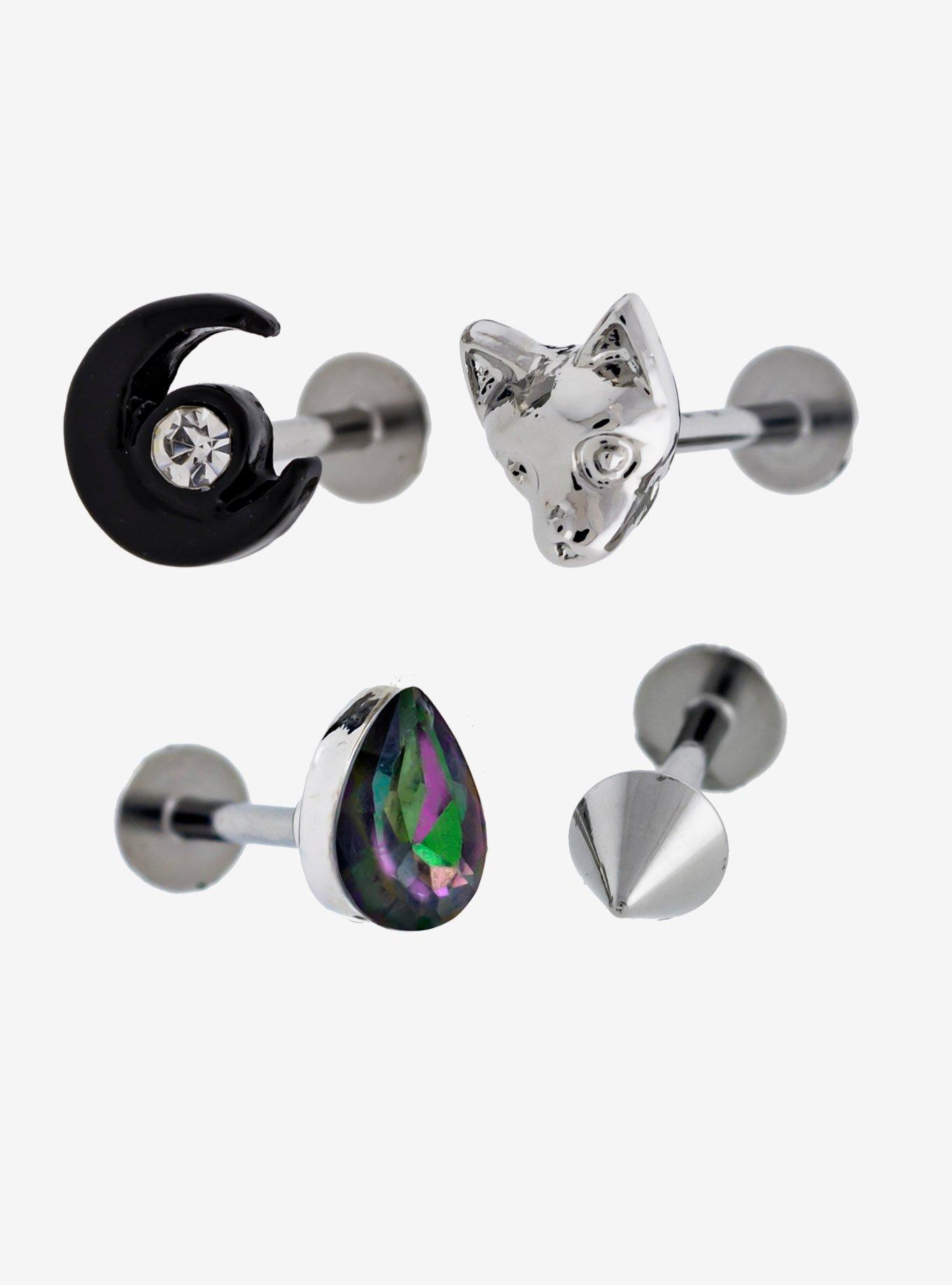 Steel Cat & Crescent Moon Labret 4 Pack | Hot Topic