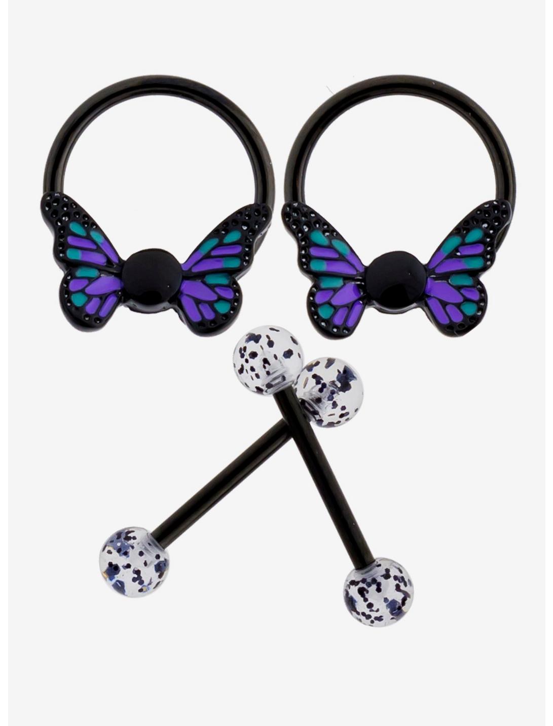 Steel Black & Blue Butterfly Nipple Circular Barbell & Barbell 4 Pack, , hi-res