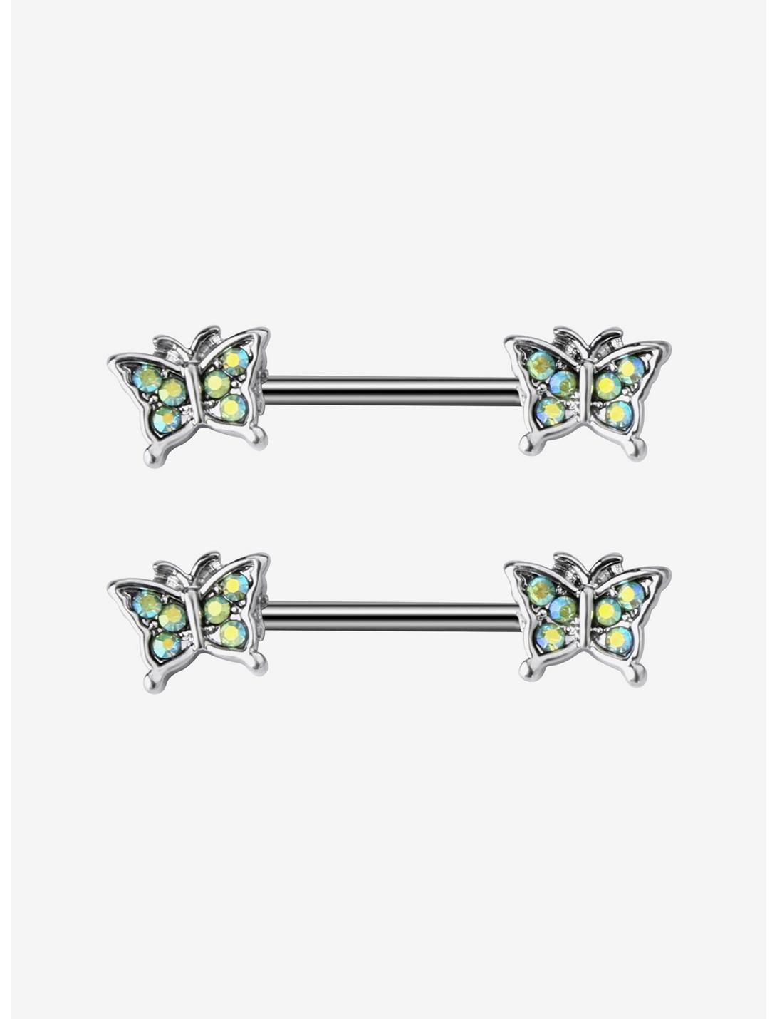 Steel Butterfly Teal CZ Nipple Barbell 2 Pack, , hi-res