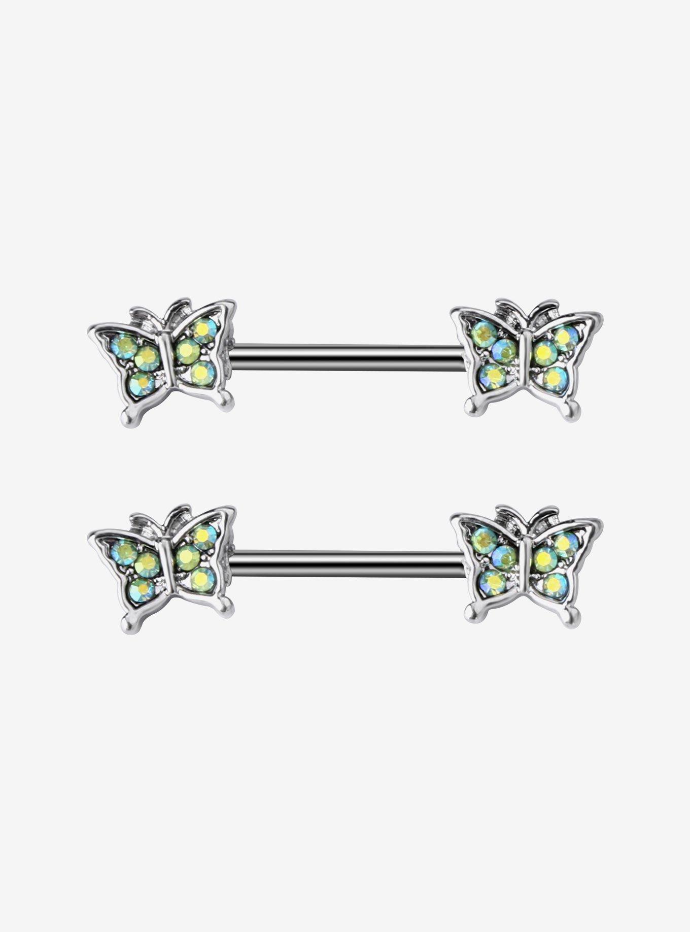 Steel Butterfly Teal CZ Nipple Barbell 2 Pack, , hi-res