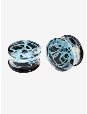 Plus Size Glass Black & Light Blue Swirl Plug 2 Pack, , hi-res
