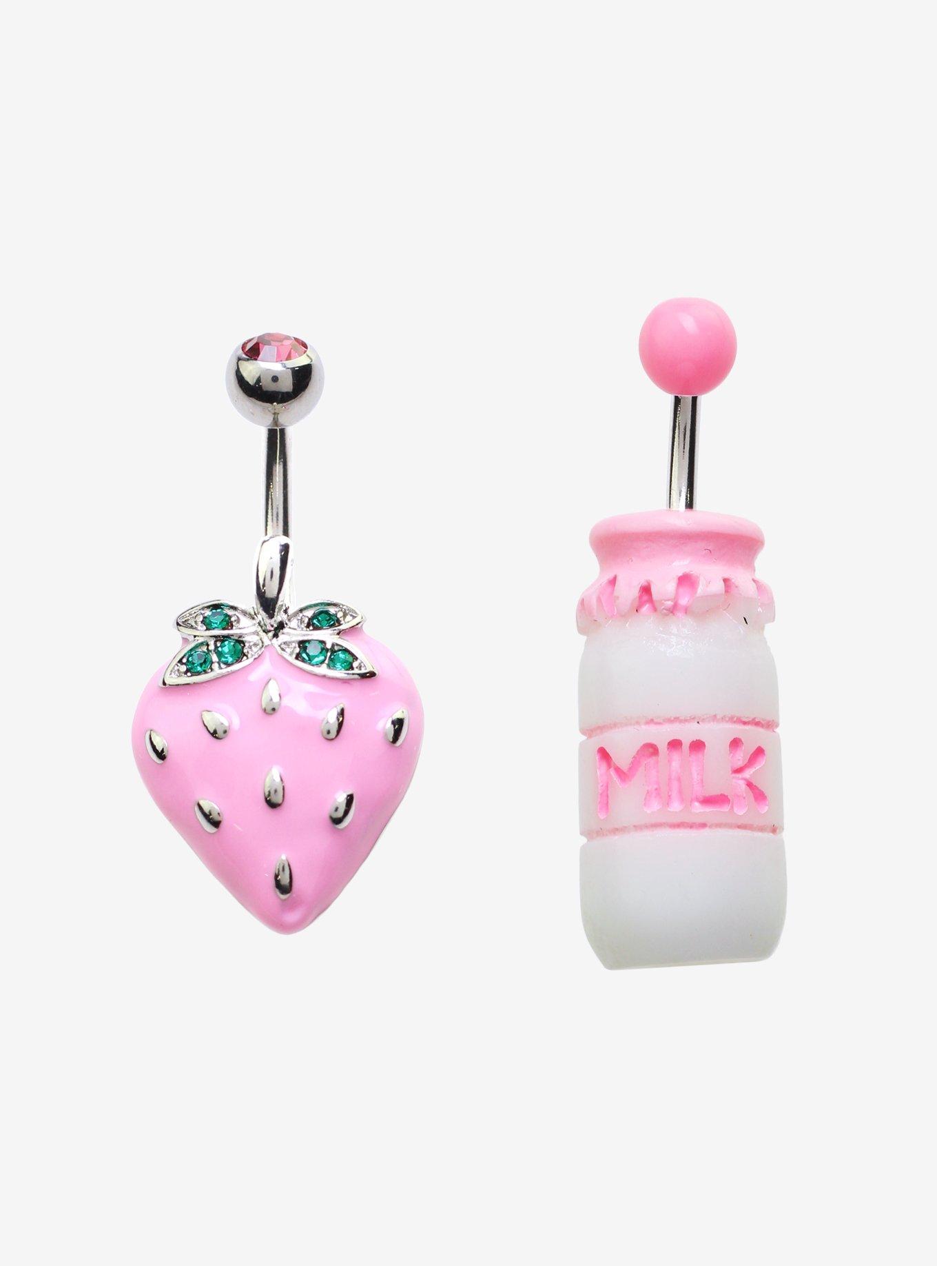 14G Steel Pink Strawberry & Milk Navel Barbell 2 Pack, , hi-res