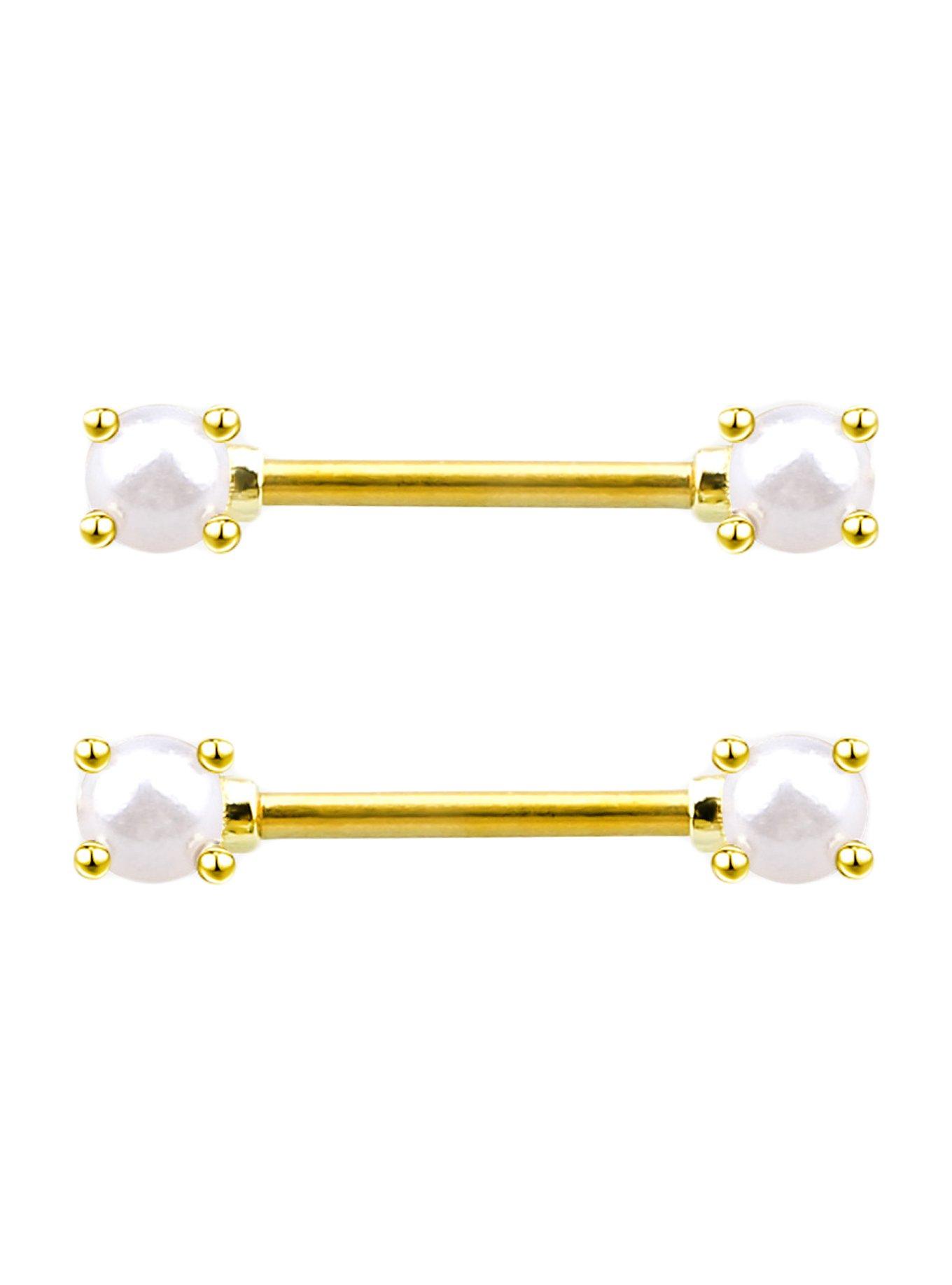 Steel Gold Pearl Nipple Barbell 2 Pack, , hi-res