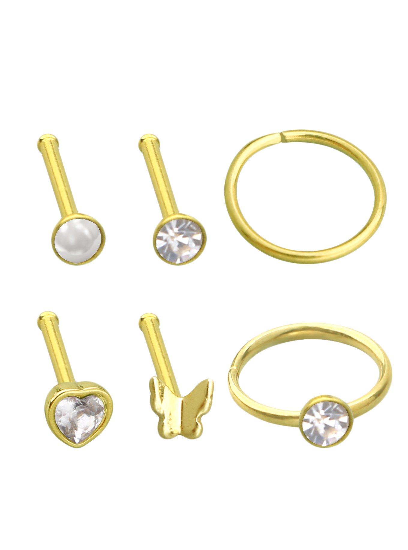 Steel Gold Butterfly Heart Nose Hoop & Stud 6 Pack, GOLD, hi-res
