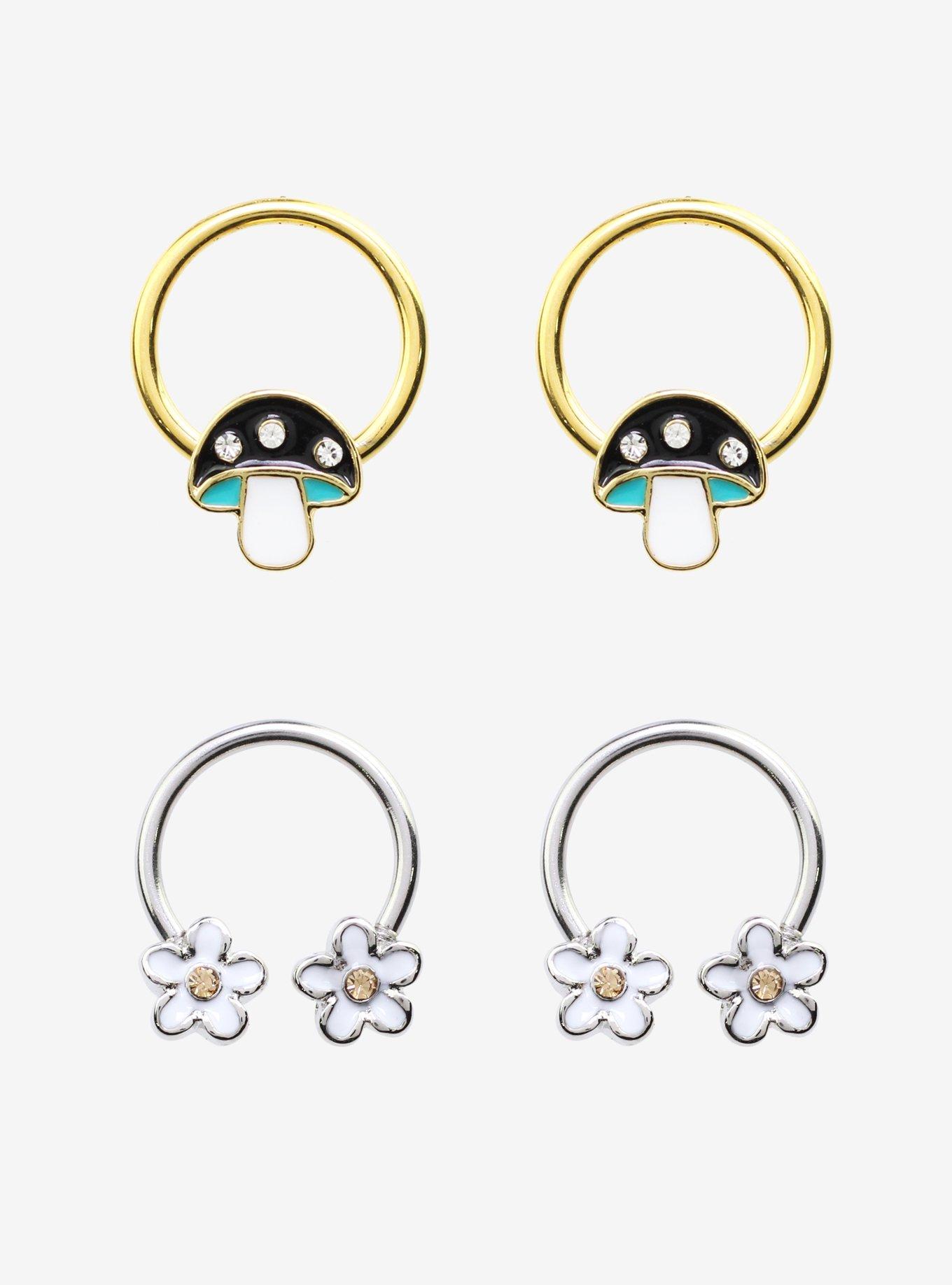 Steel Mushroom & Flower Captive Hoop & Circular Barbell 4 Pack, MULTI, hi-res