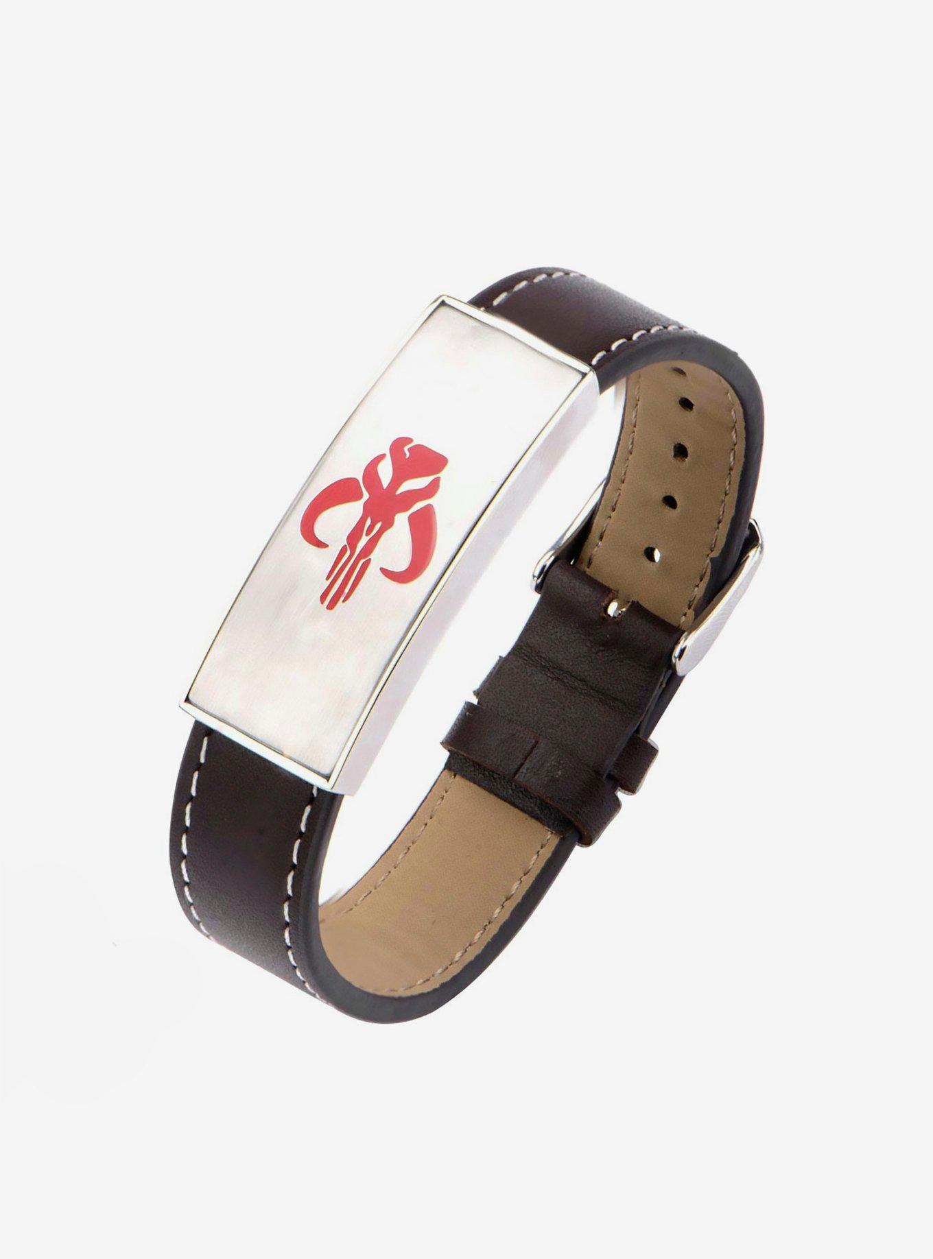 Star Wars The Mandalorian Symbol Plate Stainless Steel Leather Bracelet, , hi-res