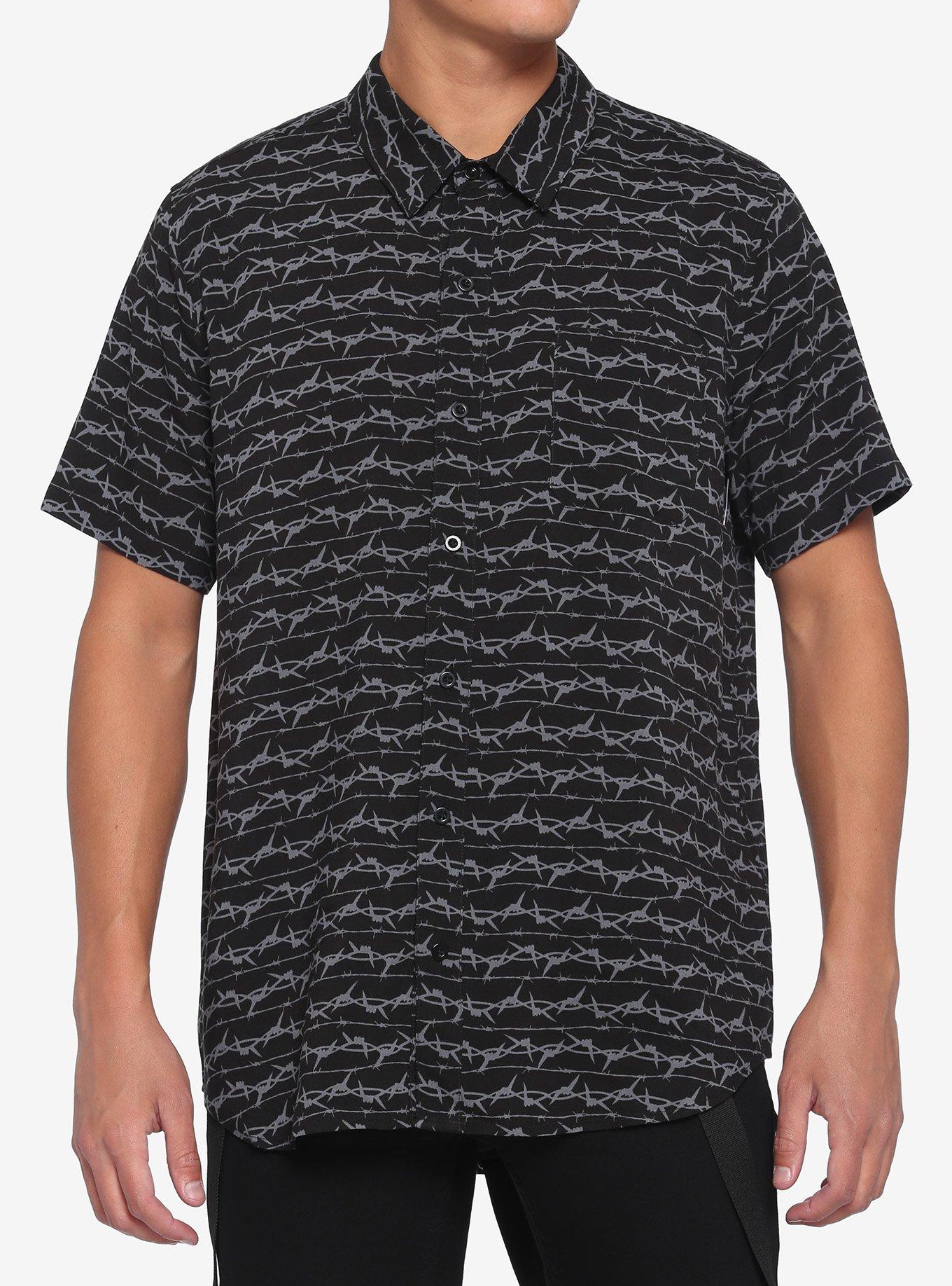 Barbed Wire Woven Button-Up, BLACK, hi-res
