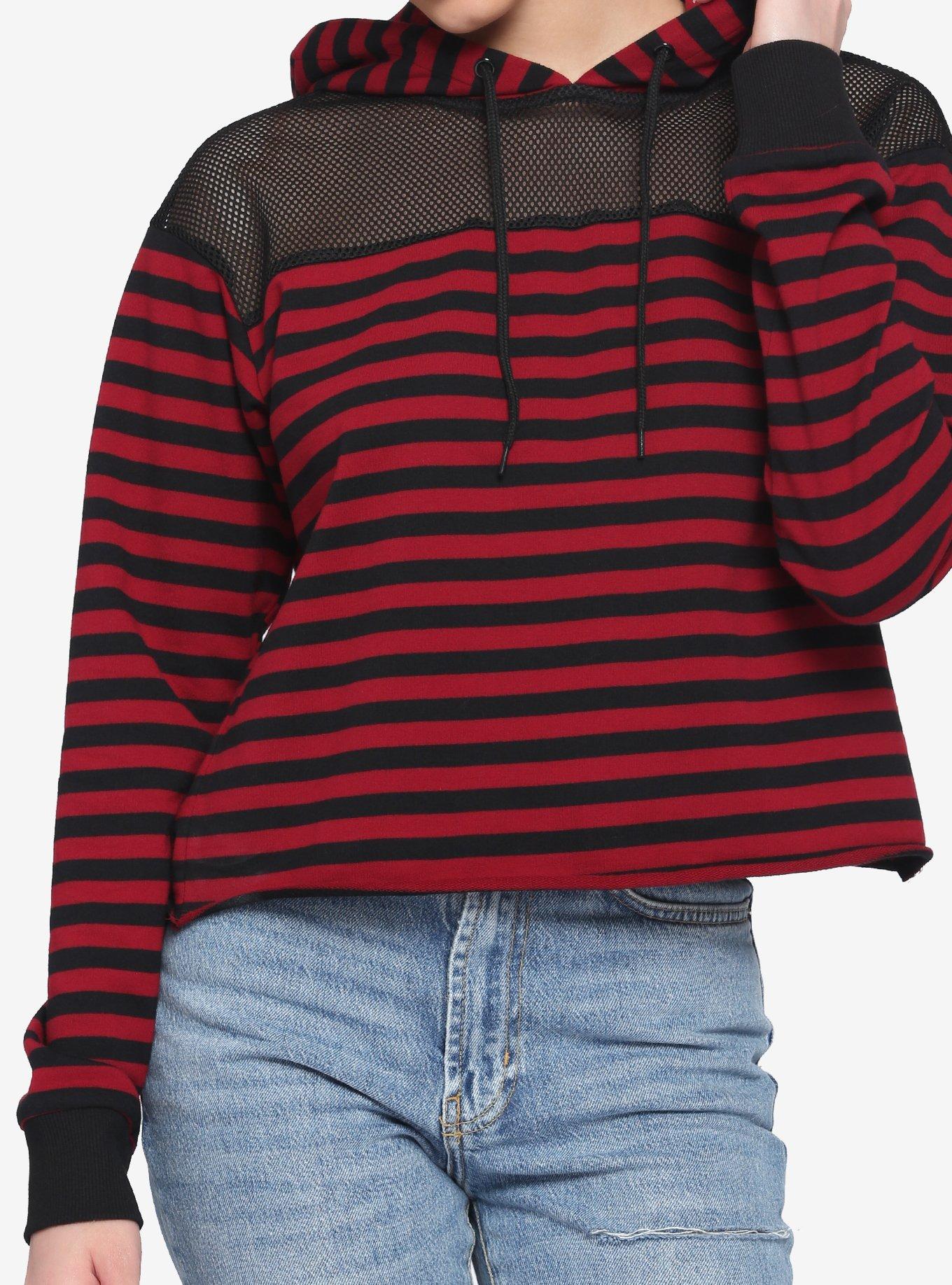 Red & Black Stripe Mesh Girls Hoodie, STRIPES - RED, hi-res