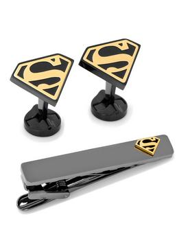 DC Comics Superman Black and Gold Cufflinks and Tie Clip Set, , hi-res
