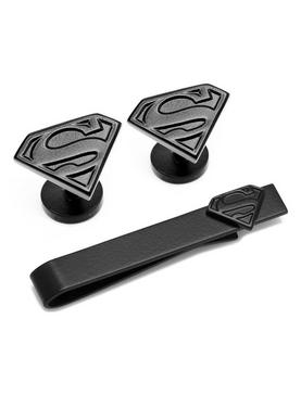 DC Comics Superman Satin Black Cufflinks and Tie Bar Set, , hi-res