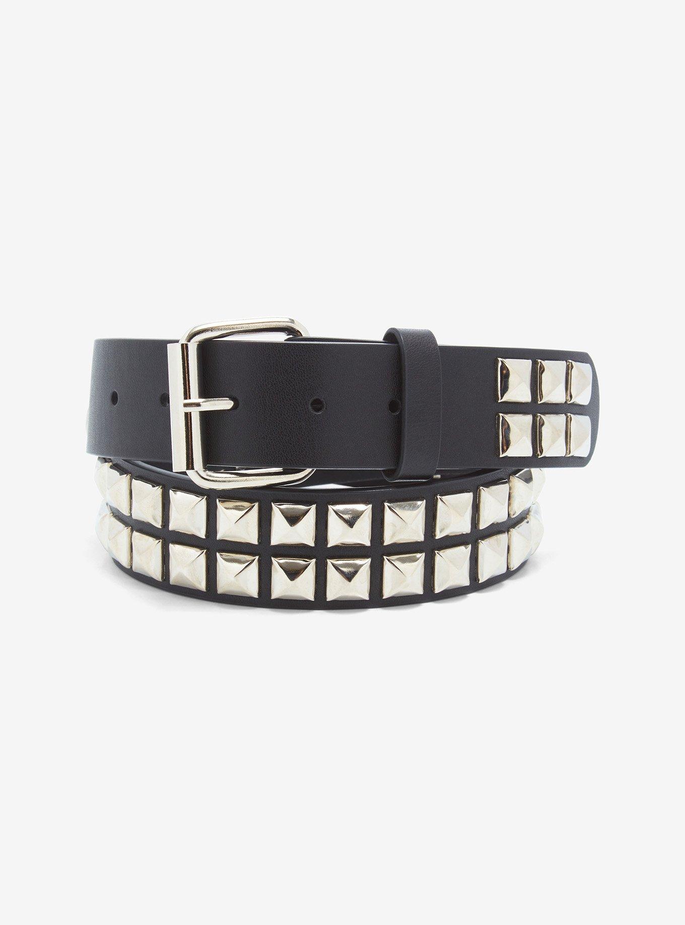 Black & Silver Two Row Pyramid Stud Belt, , hi-res