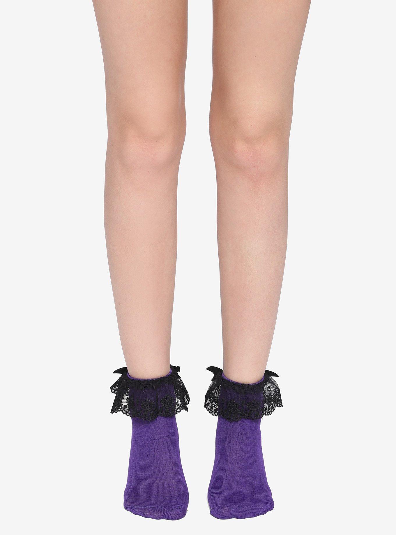 Purple & Black Bat Wings Ruffle Ankle Socks, , hi-res