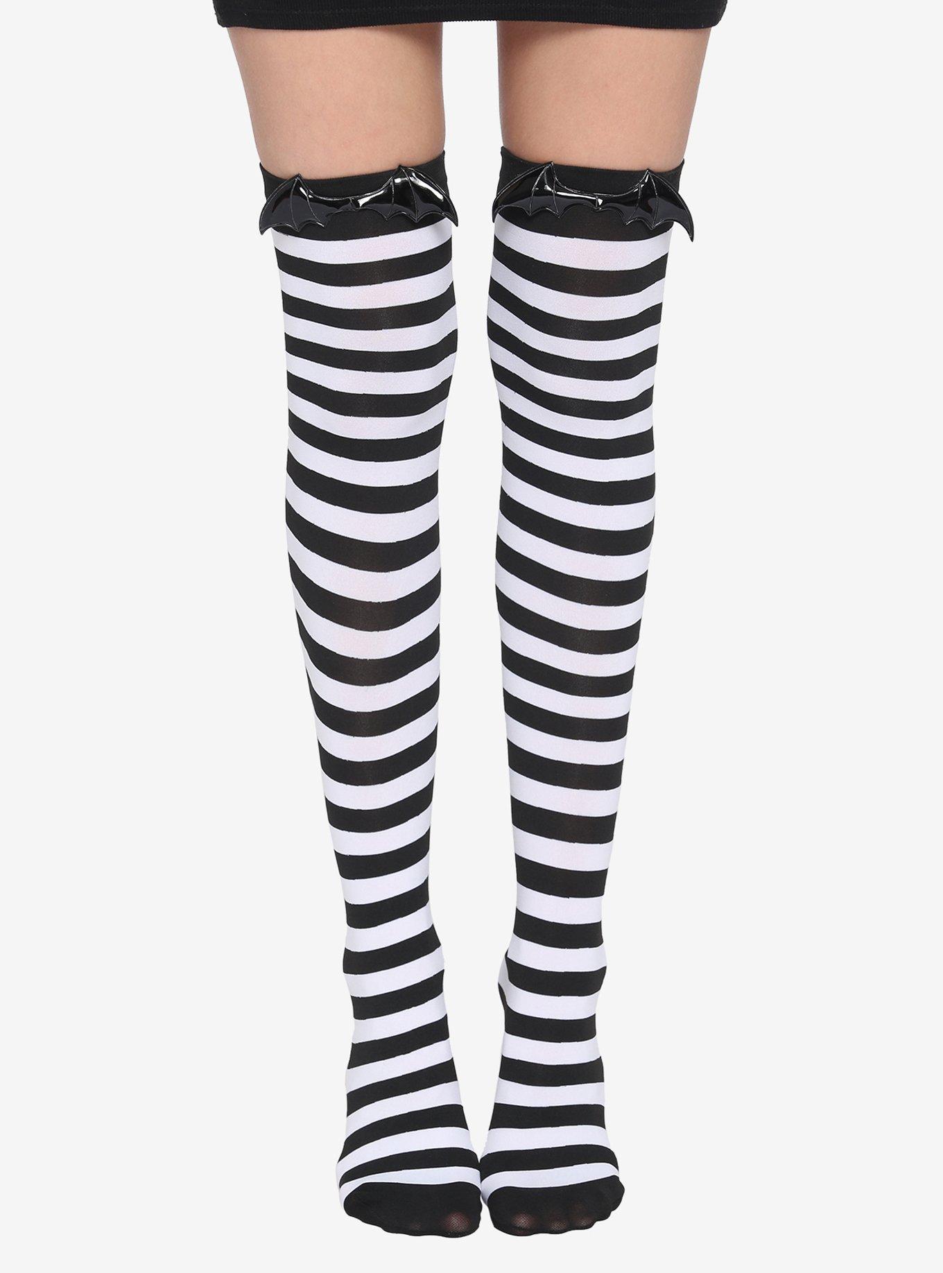 Black & White Stripe 3D Bat Wings Thigh Highs, , hi-res