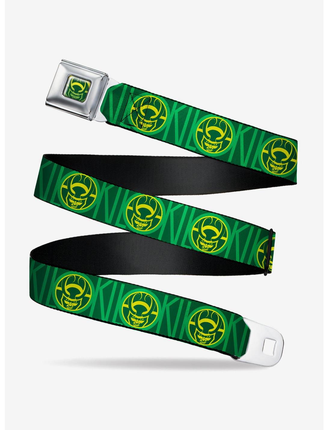 Marvel Loki Text With Face Icon Greens Yellow Seatbelt Belt, MULTICOLOR, hi-res
