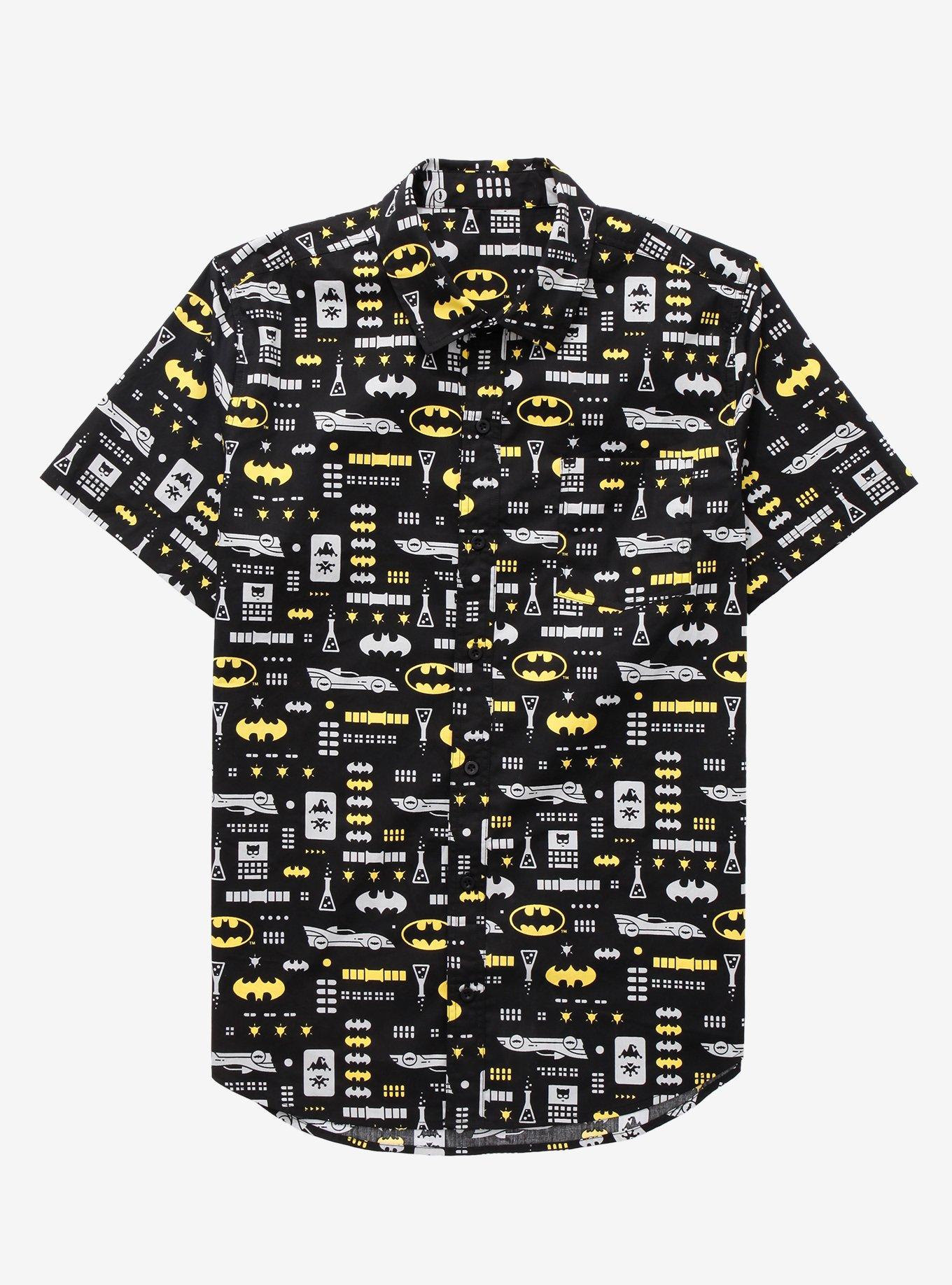 DC Comics Batman Icons Allover Print Woven Button-Up - BoxLunch Exclusive, BLACK, hi-res