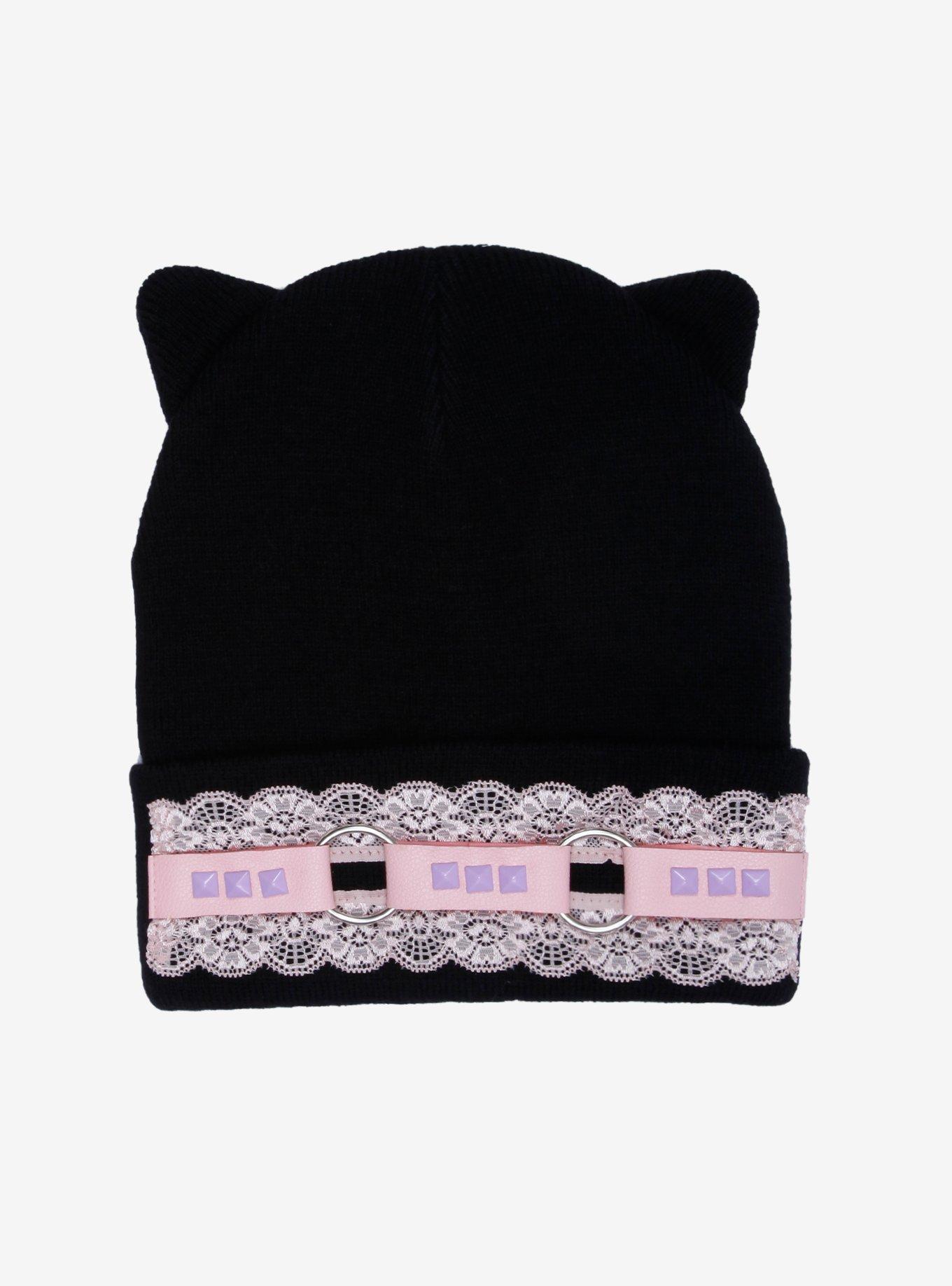 Pink Lace Cat Ear Beanie, , hi-res
