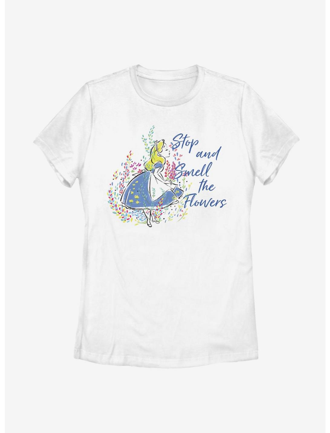 Disney Alice In Wonderland Smell The Flowers Womens T-Shirt, WHITE, hi-res
