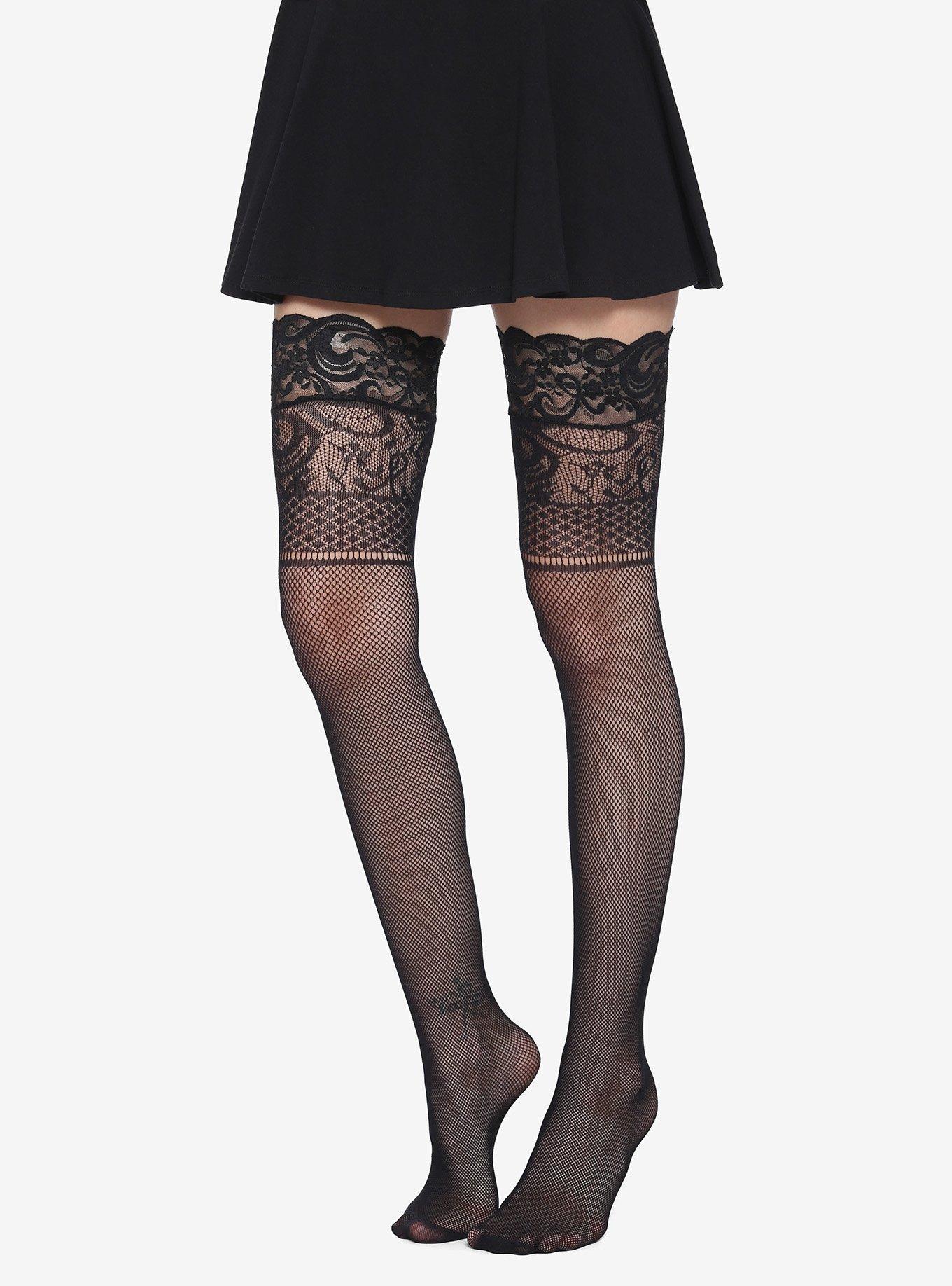 Black Bow Backseam Lace Cuff Fishnet Thigh Highs, , hi-res