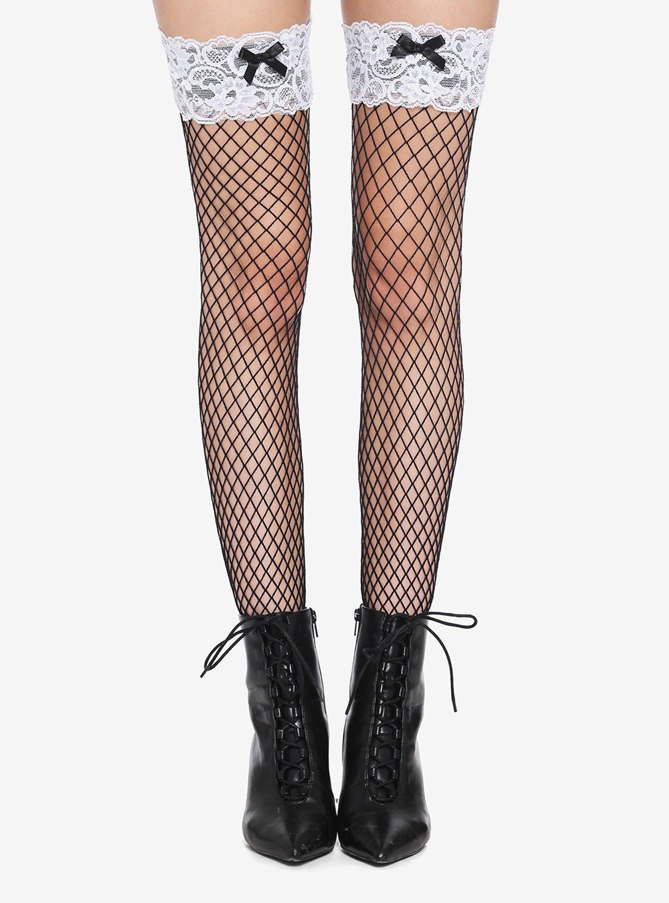 White Lace Black Fishnet Thigh Highs, , hi-res