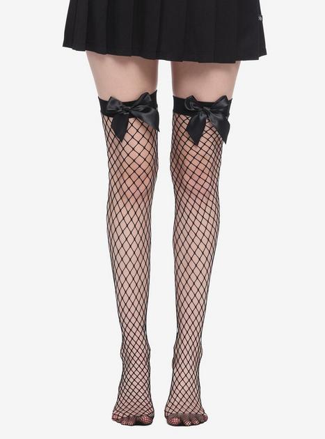 Fishnet Black Thigh High Stockings With Bows Lacy Line Plus Size