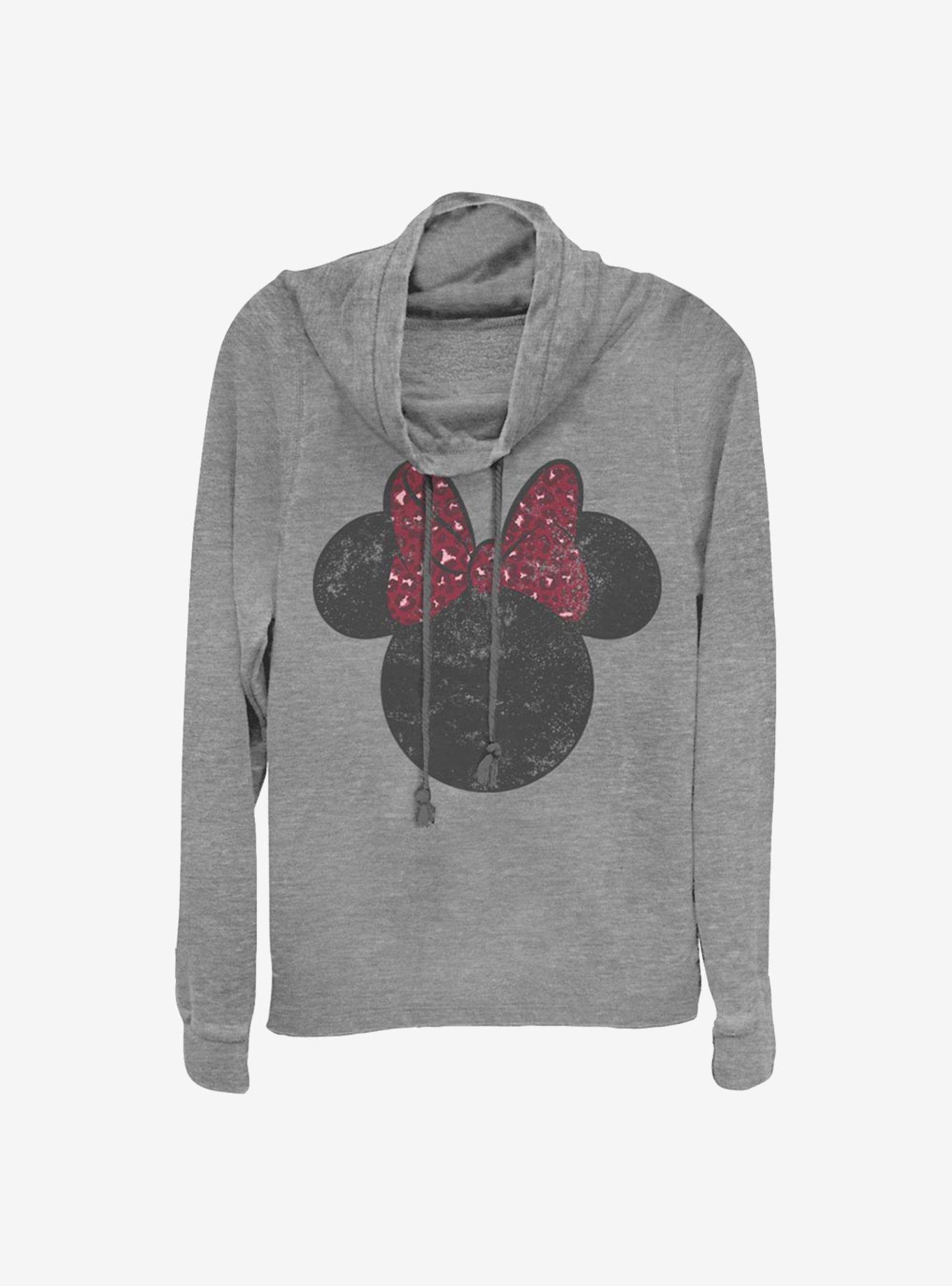 Disney Minnie Mouse Minnie Leopard Bow Cowlneck Long-Sleeve Girls Top, GRAY HTR, hi-res