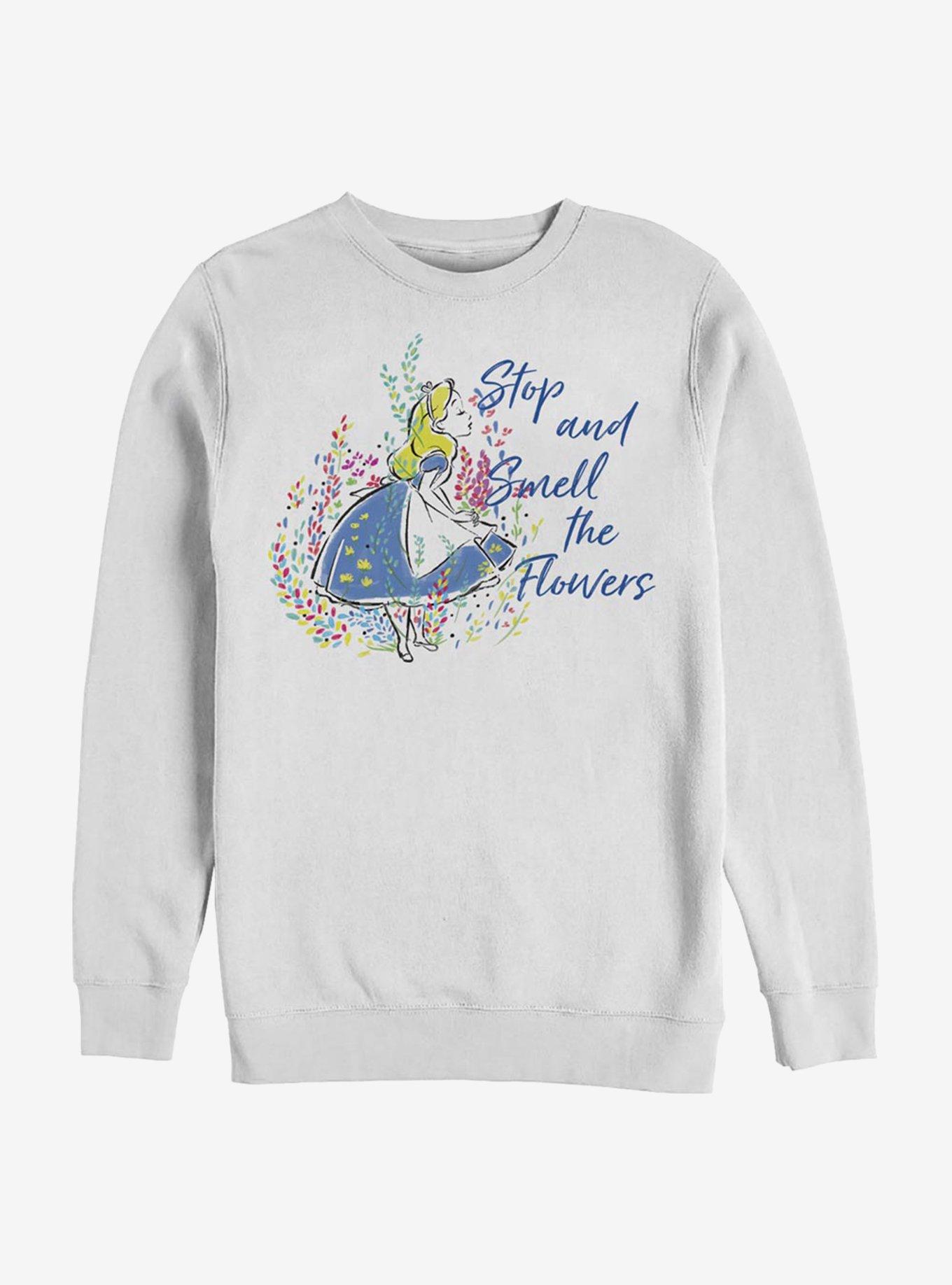 Disney Alice Wonderland Smell The Flowers Crew Sweatshirt