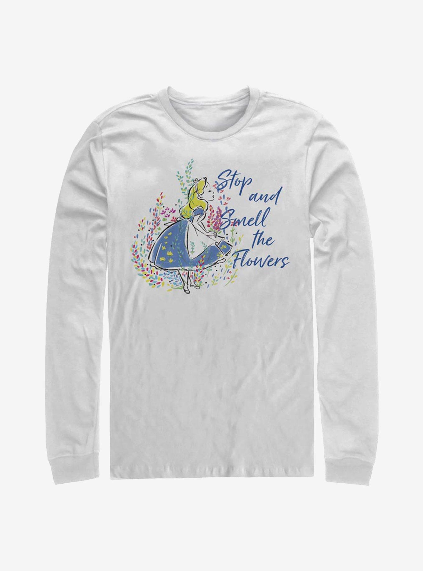 Disney Alice In Wonderland Smell The Flowers Long-Sleeve T-Shirt, WHITE, hi-res